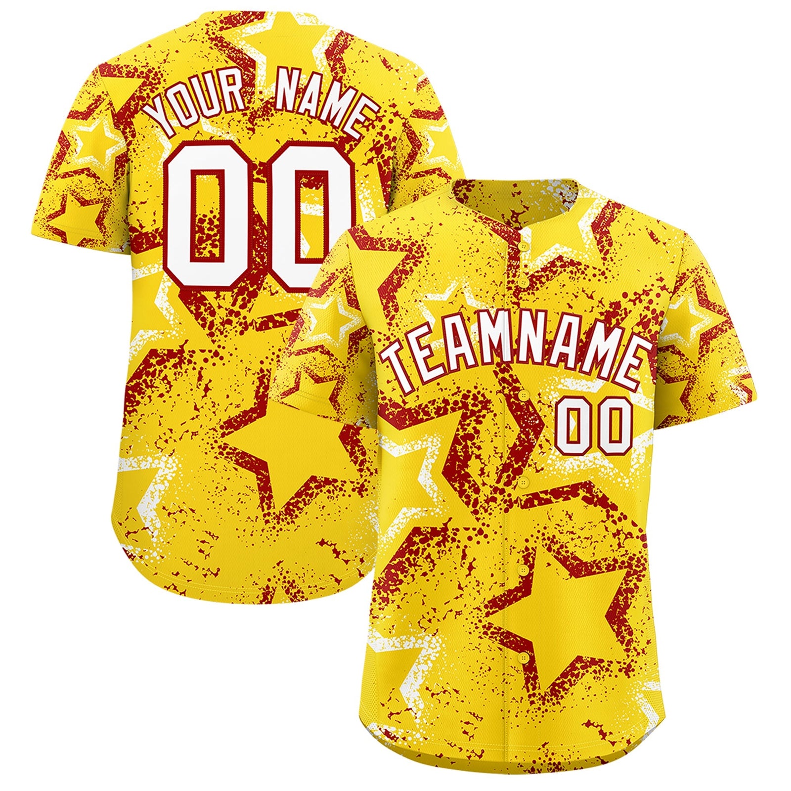 Custom Gold White Red Star-Shaped Ink Texture Graffiti Pattern Baseball Jersey | Sublimation Printed & Stitched,Add Name and Numbern,Perfect for Parties,Perfect for Training | KXKSHOP