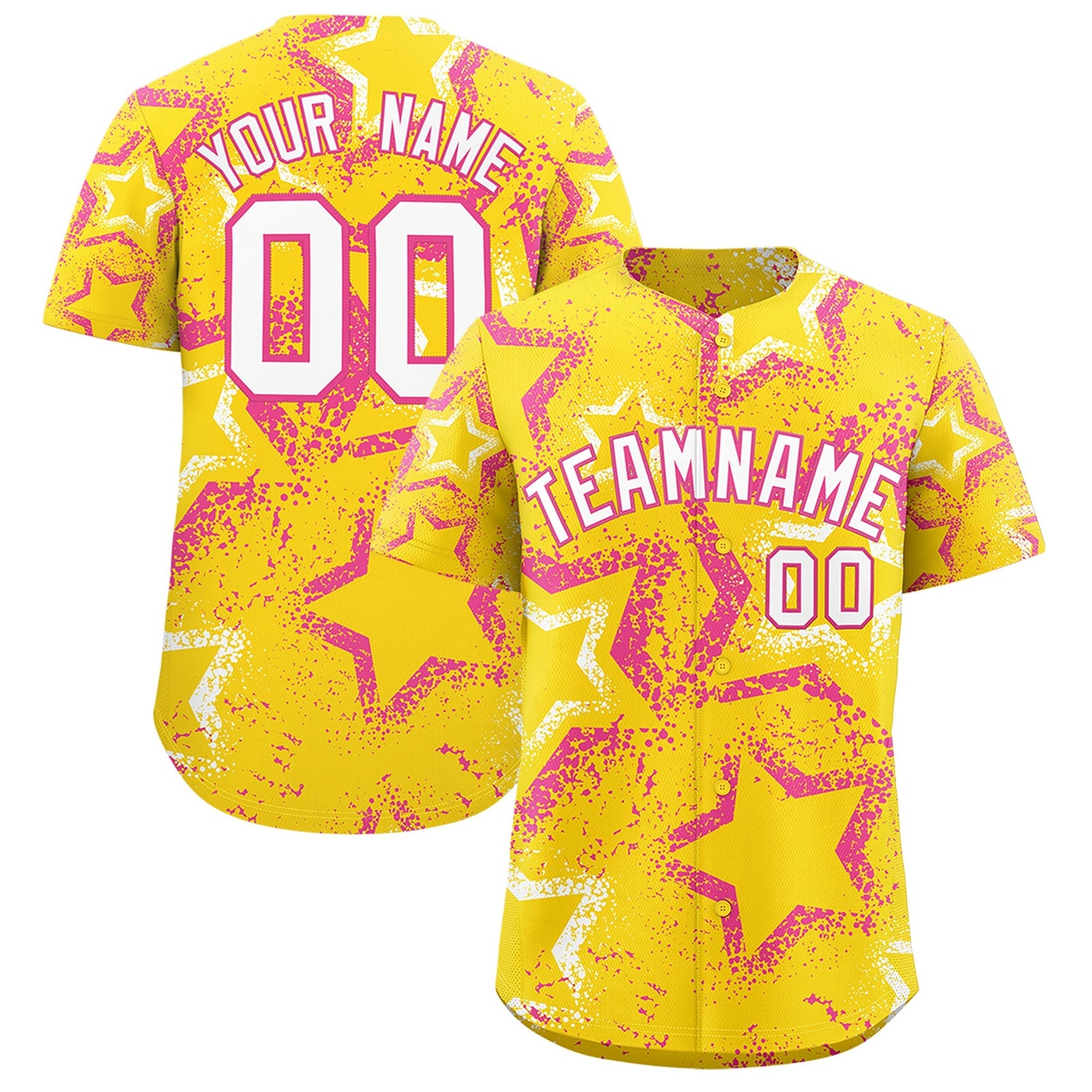 Custom Gold White Pink Star-Shaped Ink Texture Graffiti Pattern Baseball Jersey | Sublimation Printed & Stitched,Add Name and Numbern,Perfect for Parties,Perfect for Training | KXKSHOP