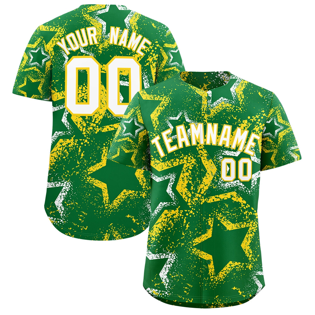 Custom Kelly Green White Gold Star-Shaped Ink Texture Graffiti Pattern Baseball Jersey | Sublimation Printed &amp; Stitched,Add Name and Numbern,Perfect for Parties,Perfect for Training | KXKSHOP
