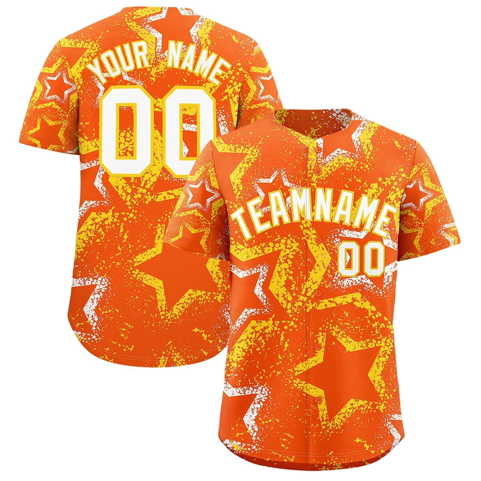 Custom Orange White Gold Star-Shaped Ink Texture Graffiti Pattern Baseball Jersey | Sublimation Printed & Stitched,Add Name and Numbern,Perfect for Parties,Perfect for Training | KXKSHOP