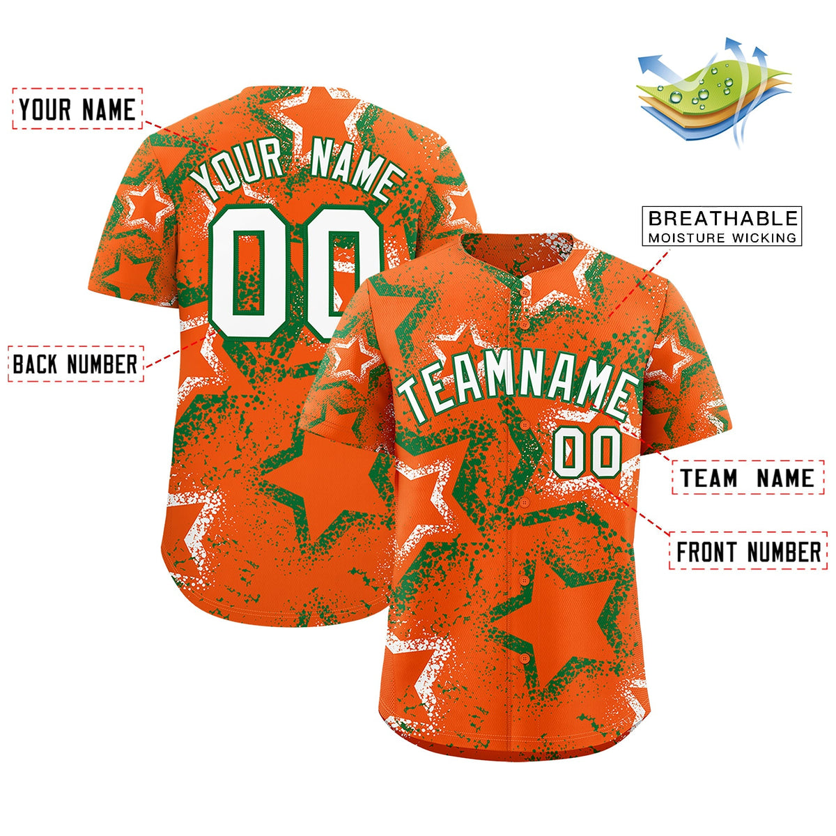 Custom Orange Kelly Green White Star-Shaped Ink Texture Graffiti Pattern Baseball Jersey | Sublimation Printed &amp; Stitched,Add Name and Numbern,Perfect for Parties,Perfect for Training | KXKSHOP