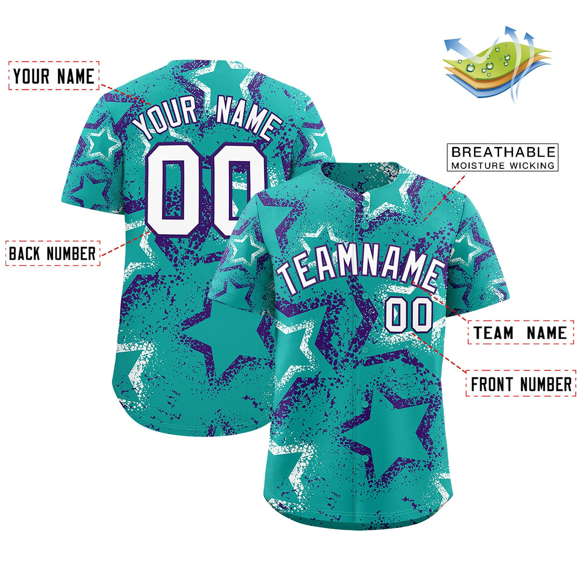 Custom Aqua White Purple Star-Shaped Ink Texture Graffiti Pattern Baseball Jersey | Sublimation Printed &amp; Stitched,Add Name and Numbern,Perfect for Parties,Perfect for Training | KXKSHOP