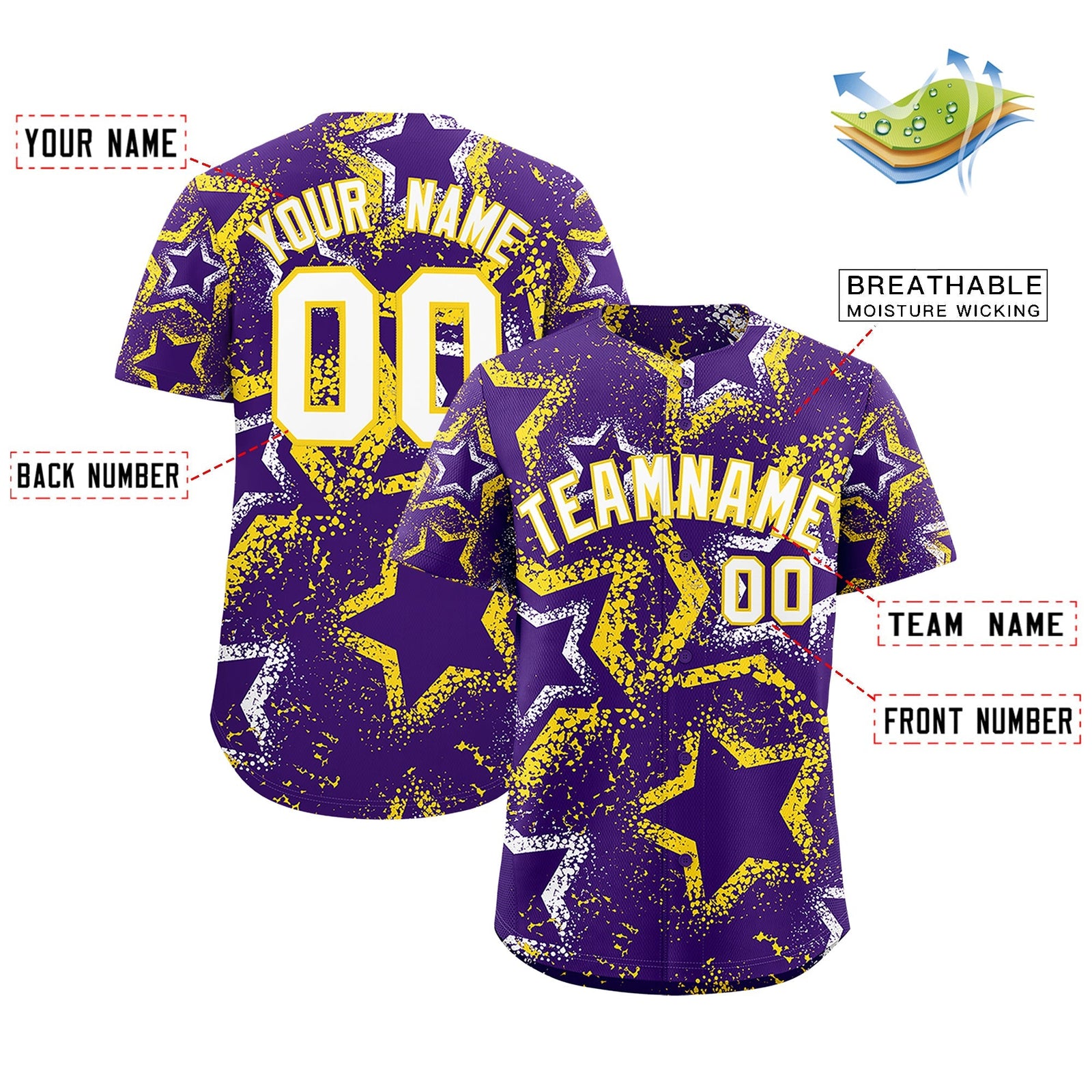 Custom Purple White Gold Star-Shaped Ink Texture Graffiti Pattern Baseball Jersey | Sublimation Printed & Stitched,Add Name and Numbern,Perfect for Parties,Perfect for Training | KXKSHOP