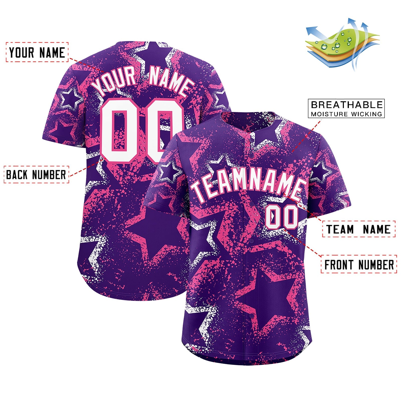 Custom Purple White Pink Star-Shaped Ink Texture Graffiti Pattern Baseball Jersey | Sublimation Printed & Stitched,Add Name and Numbern,Perfect for Parties,Perfect for Training | KXKSHOP