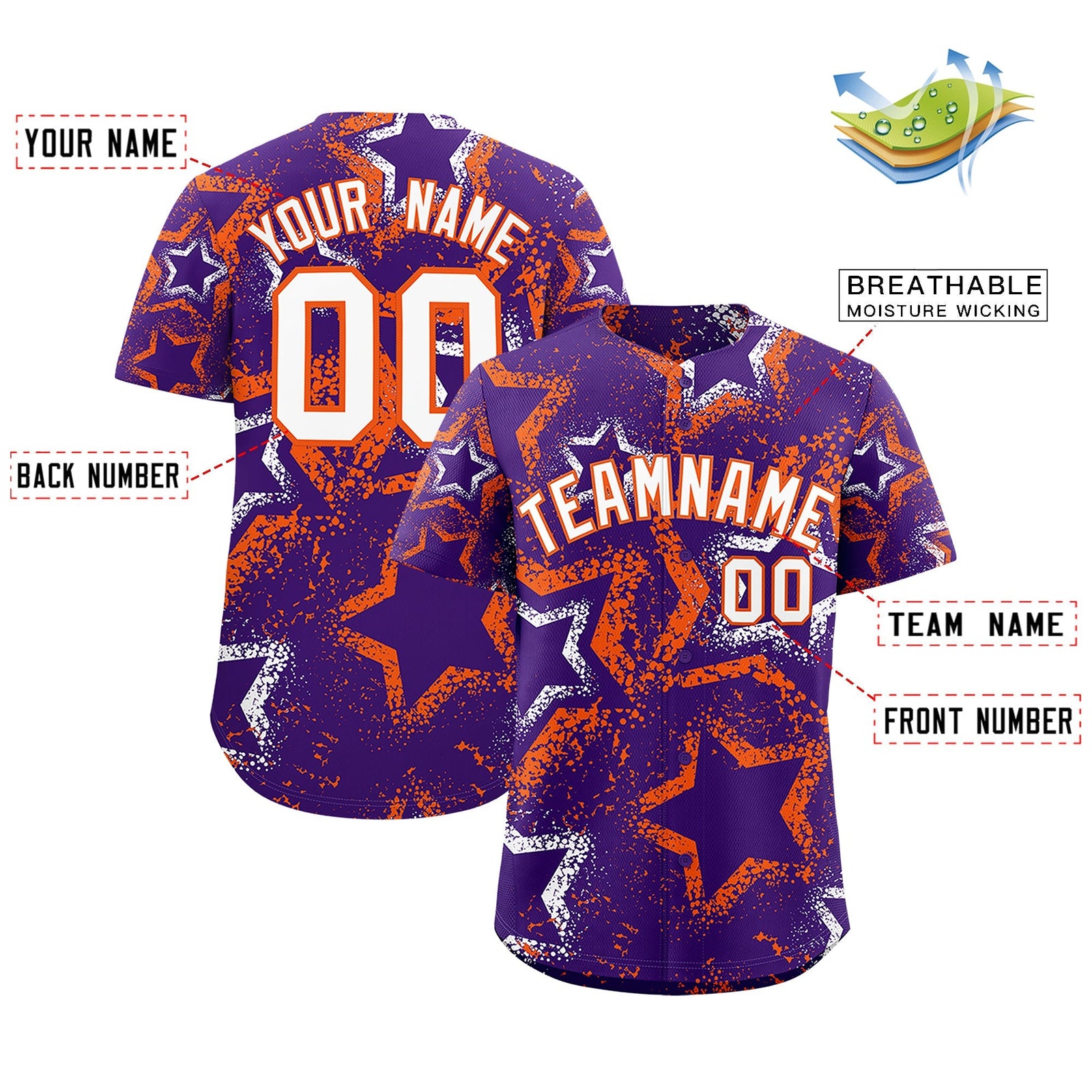 Custom Purple White Orange Star-Shaped Ink Texture Graffiti Pattern Baseball Jersey | Sublimation Printed & Stitched,Add Name and Numbern,Perfect for Parties,Perfect for Training | KXKSHOP