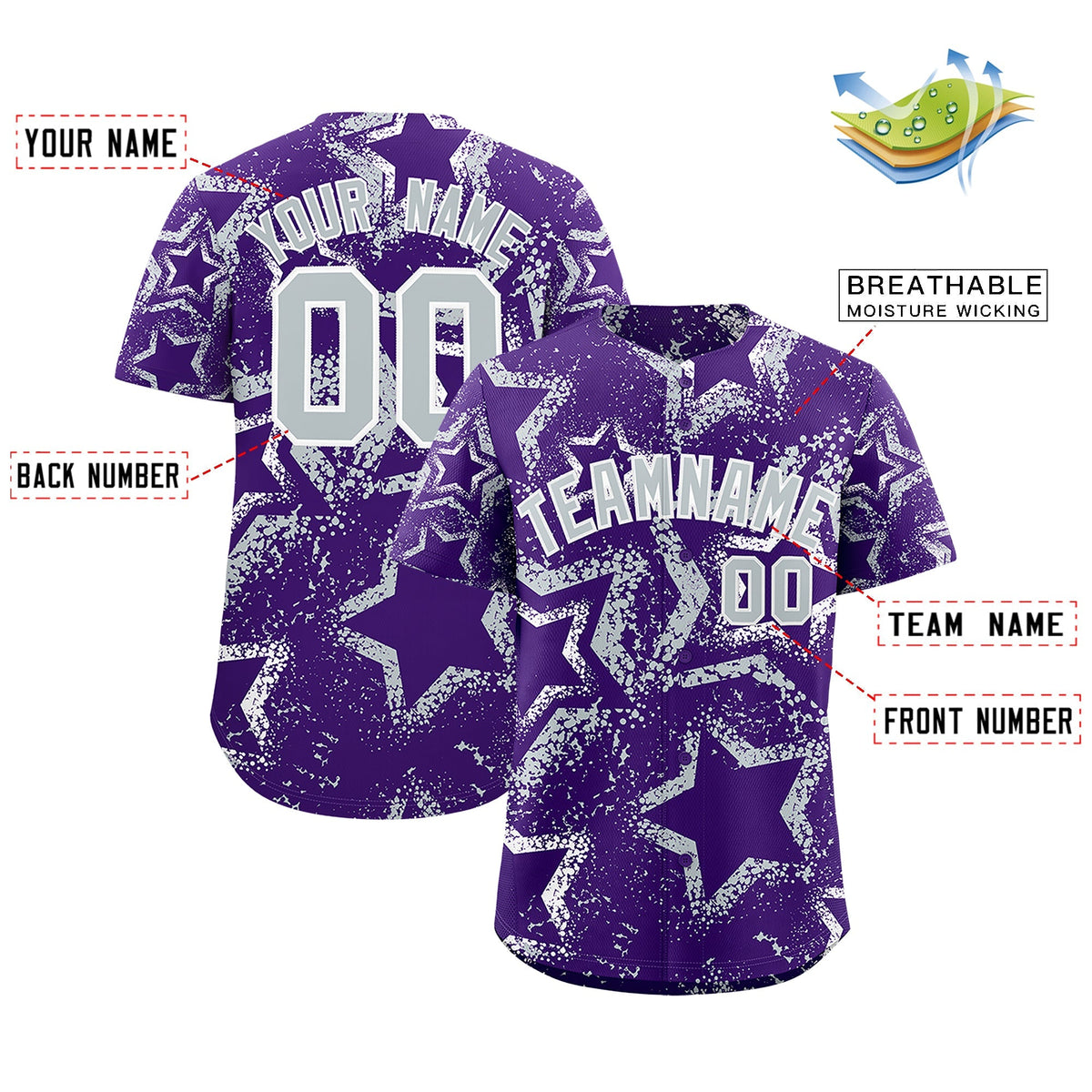Custom Purple White Silver Star-Shaped Ink Texture Graffiti Pattern Baseball Jersey | Sublimation Printed &amp; Stitched,Add Name and Numbern,Perfect for Parties,Perfect for Training | KXKSHOP