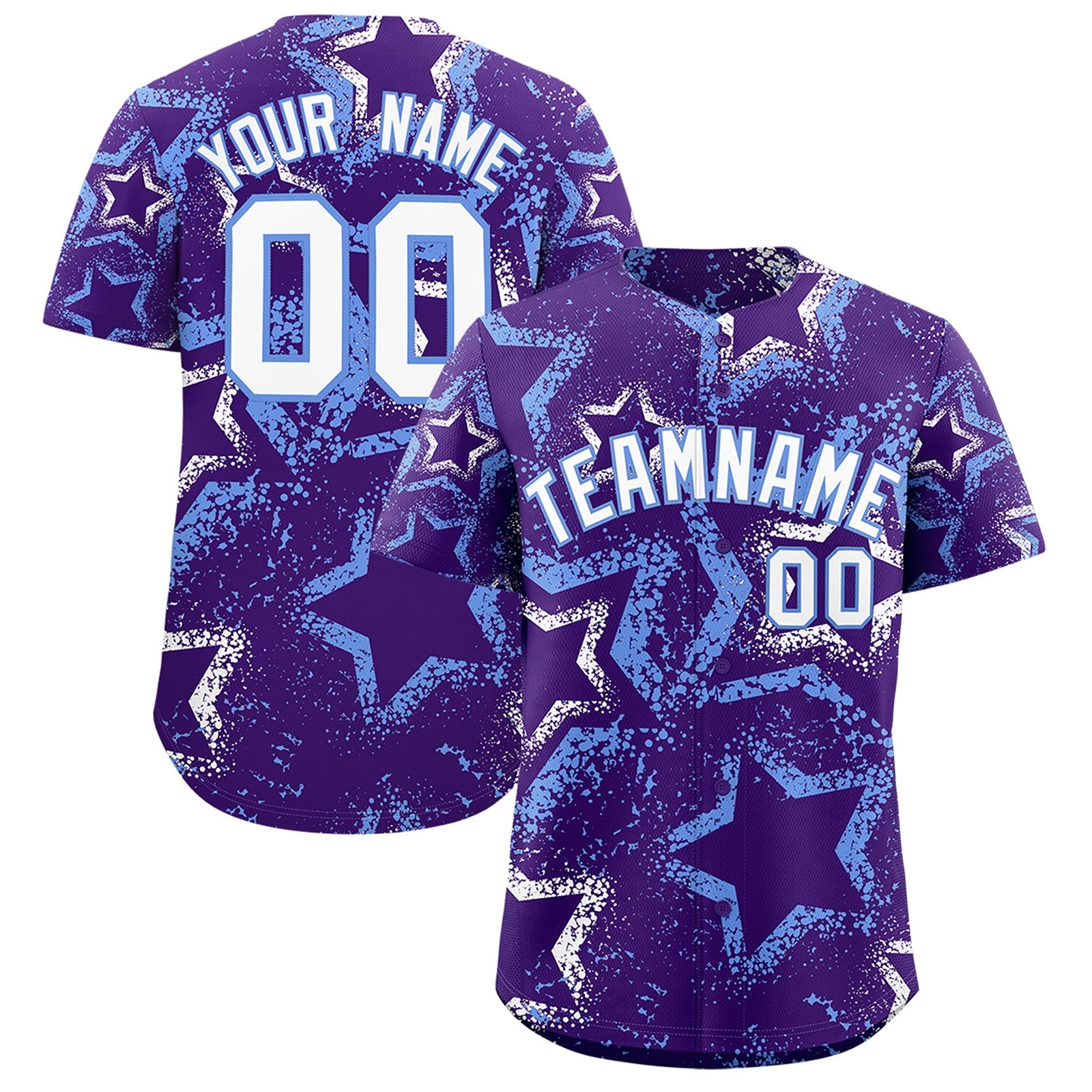 Custom Purple White Light Blue Star-Shaped Ink Texture Graffiti Pattern Baseball Jersey | Sublimation Printed & Stitched,Add Name and Numbern,Perfect for Parties,Perfect for Training | KXKSHOP