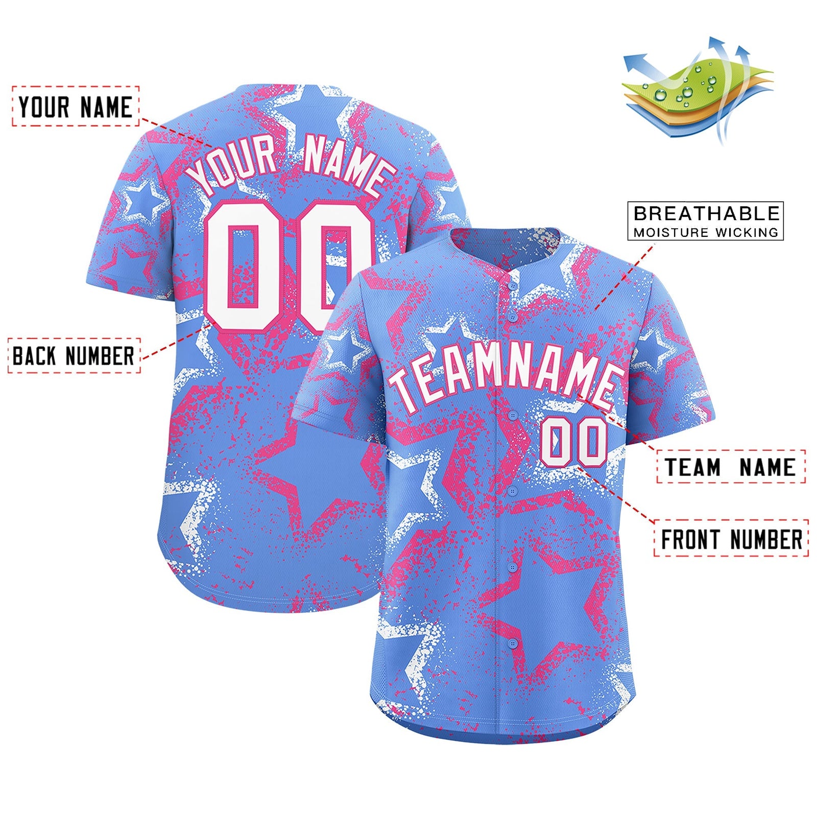 Custom Light Blue White Pink Star-Shaped Ink Texture Graffiti Pattern Baseball Jersey | Sublimation Printed & Stitched,Add Name and Numbern,Perfect for Parties,Perfect for Training | KXKSHOP