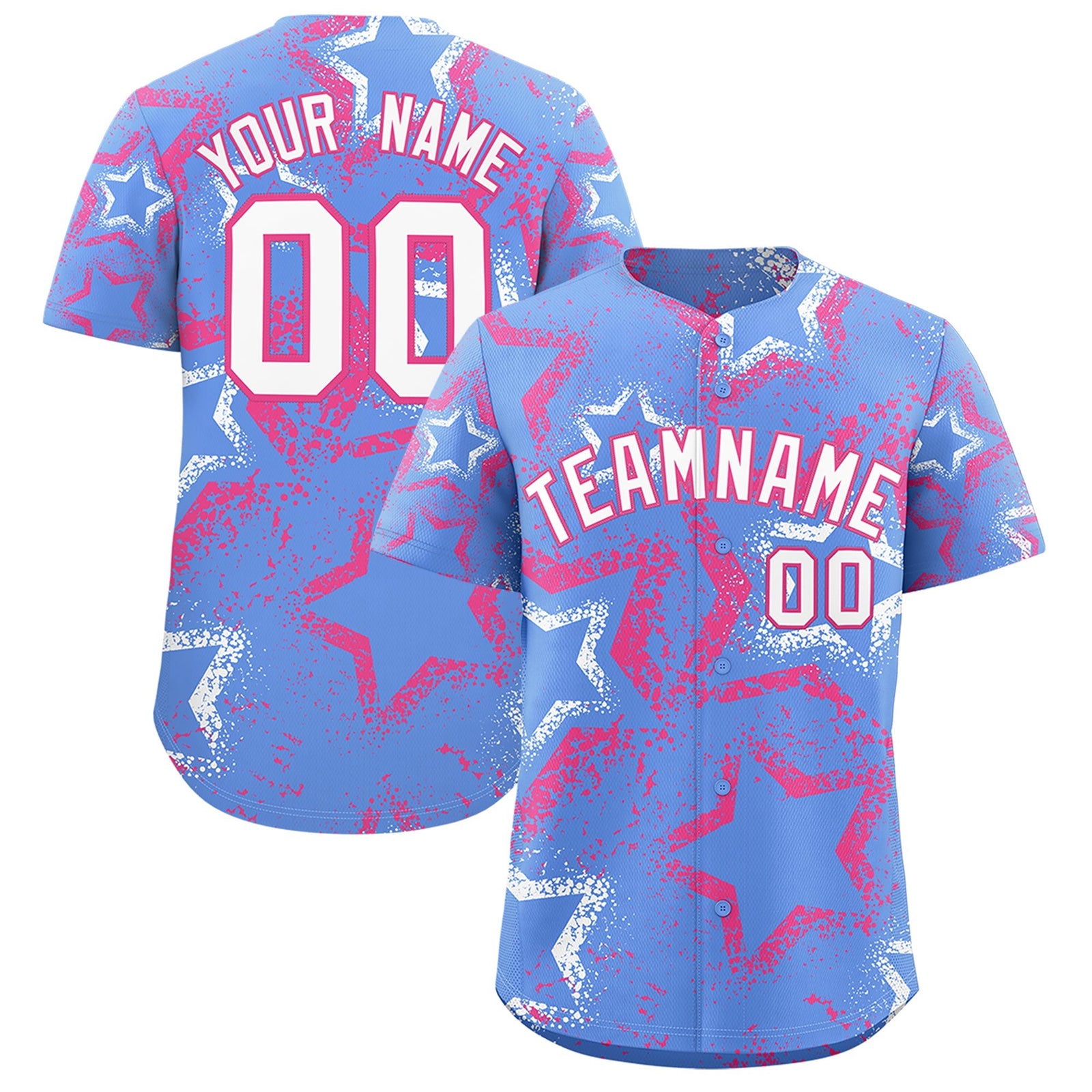 Custom Light Blue White Pink Star-Shaped Ink Texture Graffiti Pattern Baseball Jersey | Sublimation Printed & Stitched,Add Name and Numbern,Perfect for Parties,Perfect for Training | KXKSHOP