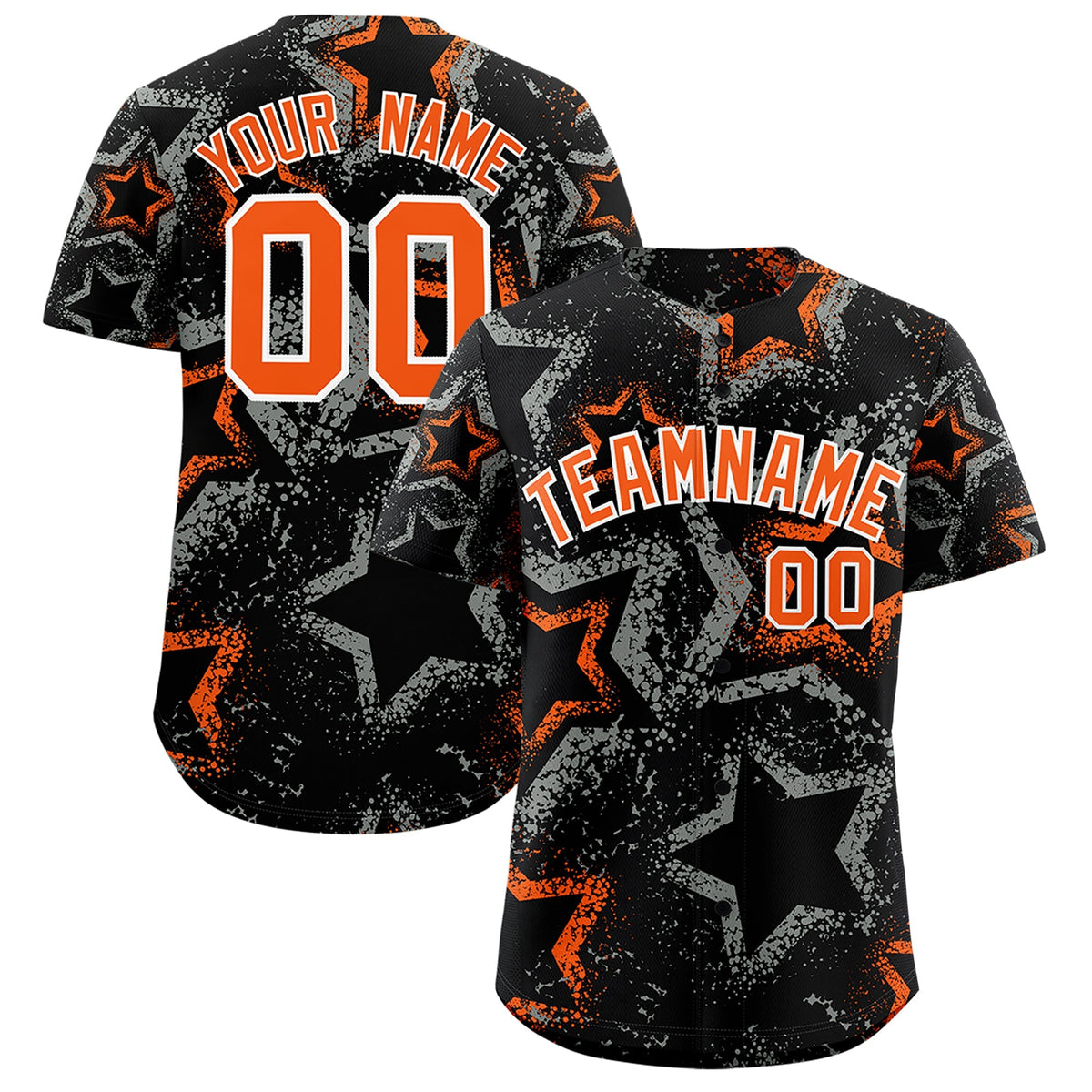 Custom Black Orange White Star-Shaped Ink Texture Graffiti Pattern Baseball Jersey | Sublimation Printed &amp; Stitched,Add Name and Numbern,Perfect for Parties,Perfect for Training | KXKSHOP