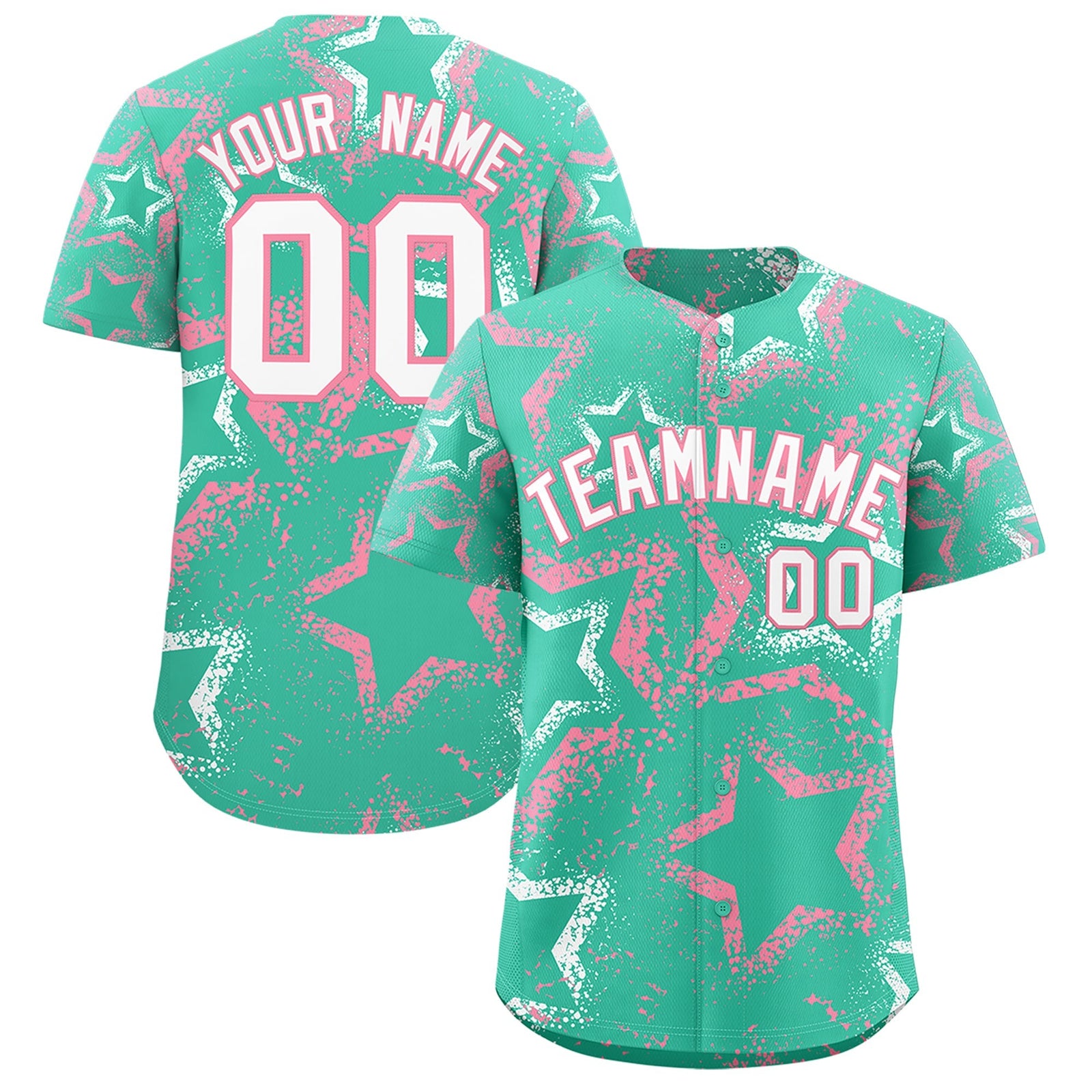 Custom Bright Green White Light Pink Star-Shaped Ink Texture Graffiti Pattern Baseball Jersey | Sublimation Printed & Stitched,Add Name and Numbern,Perfect for Parties,Perfect for Training | KXKSHOP