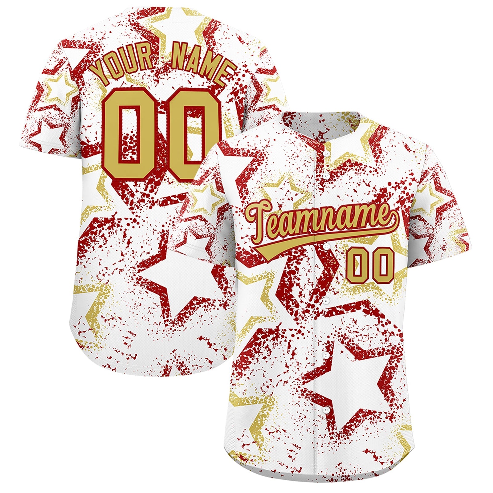 Custom White Old Gold Red Star-Shaped Ink Texture Graffiti Pattern Baseball Jersey | Sublimation Printed & Stitched,Add Name and Numbern,Perfect for Parties,Perfect for Training | KXKSHOP