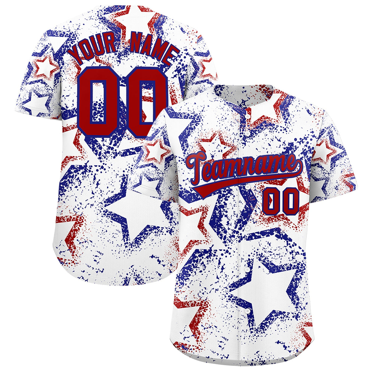 Custom White Royal Blue Red Star-Shaped Ink Texture Graffiti Pattern Baseball Jersey | Sublimation Printed & Stitched,Add Name and Numbern,Perfect for Parties,Perfect for Training | KXKSHOP