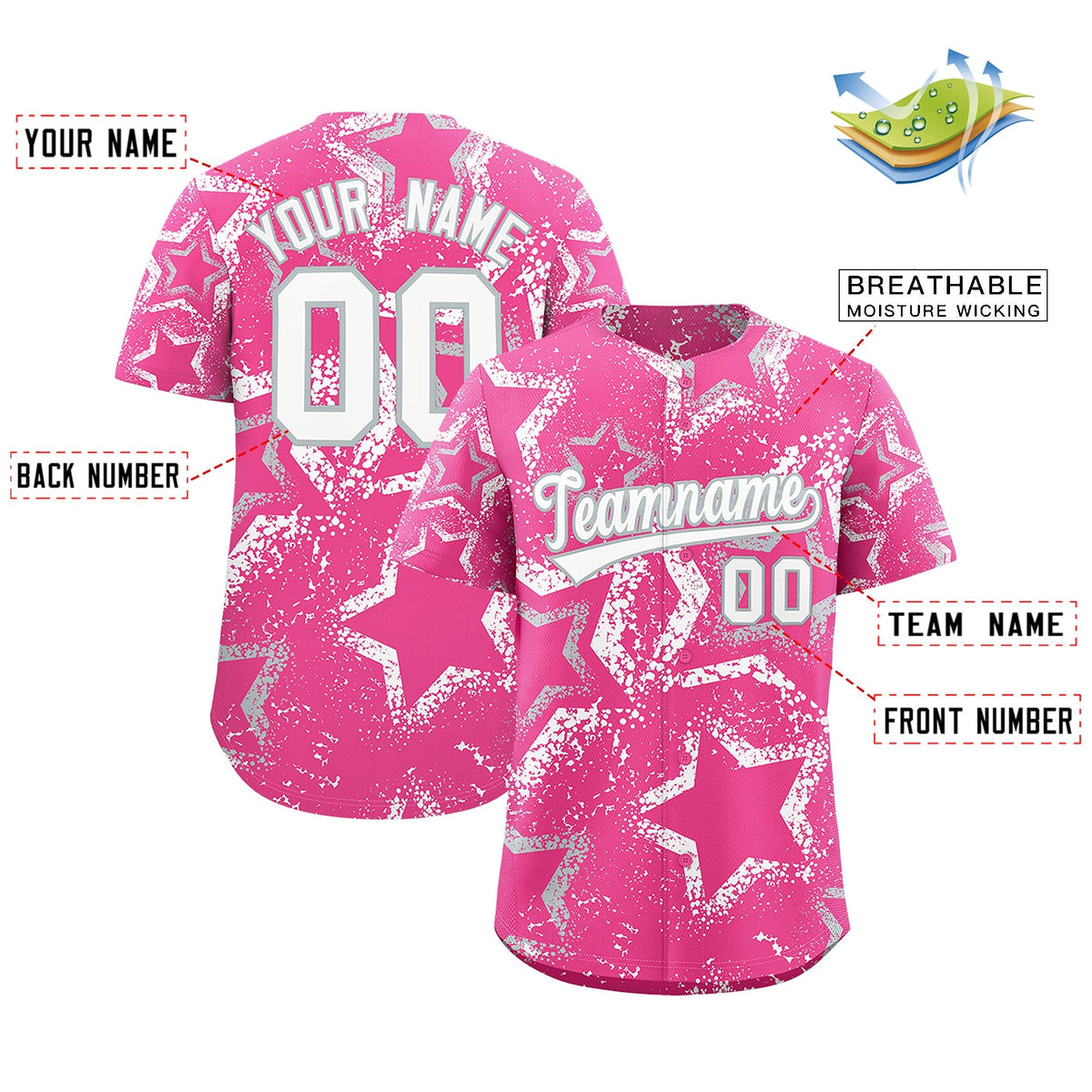 Custom Pink Silver White Star-Shaped Ink Texture Graffiti Pattern Baseball Jersey | Sublimation Printed &amp; Stitched,Add Name and Numbern,Perfect for Parties,Perfect for Training | KXKSHOP