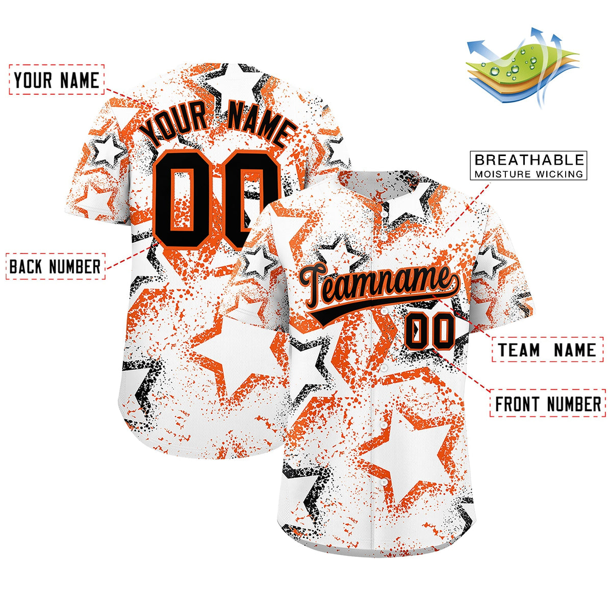 Custom White Orange Black Star-Shaped Ink Texture Graffiti Pattern Baseball Jersey | Sublimation Printed &amp; Stitched,Add Name and Numbern,Perfect for Parties,Perfect for Training | KXKSHOP
