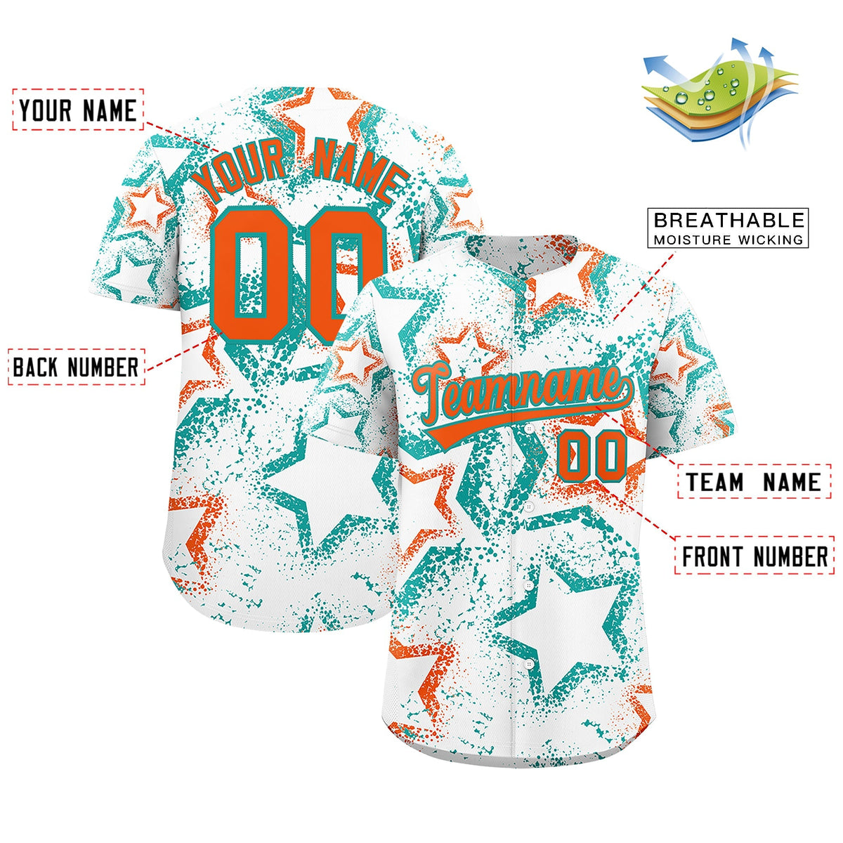 Custom White Aqua Orange Star-Shaped Ink Texture Graffiti Pattern Baseball Jersey | Sublimation Printed &amp; Stitched,Add Name and Numbern,Perfect for Parties,Perfect for Training | KXKSHOP