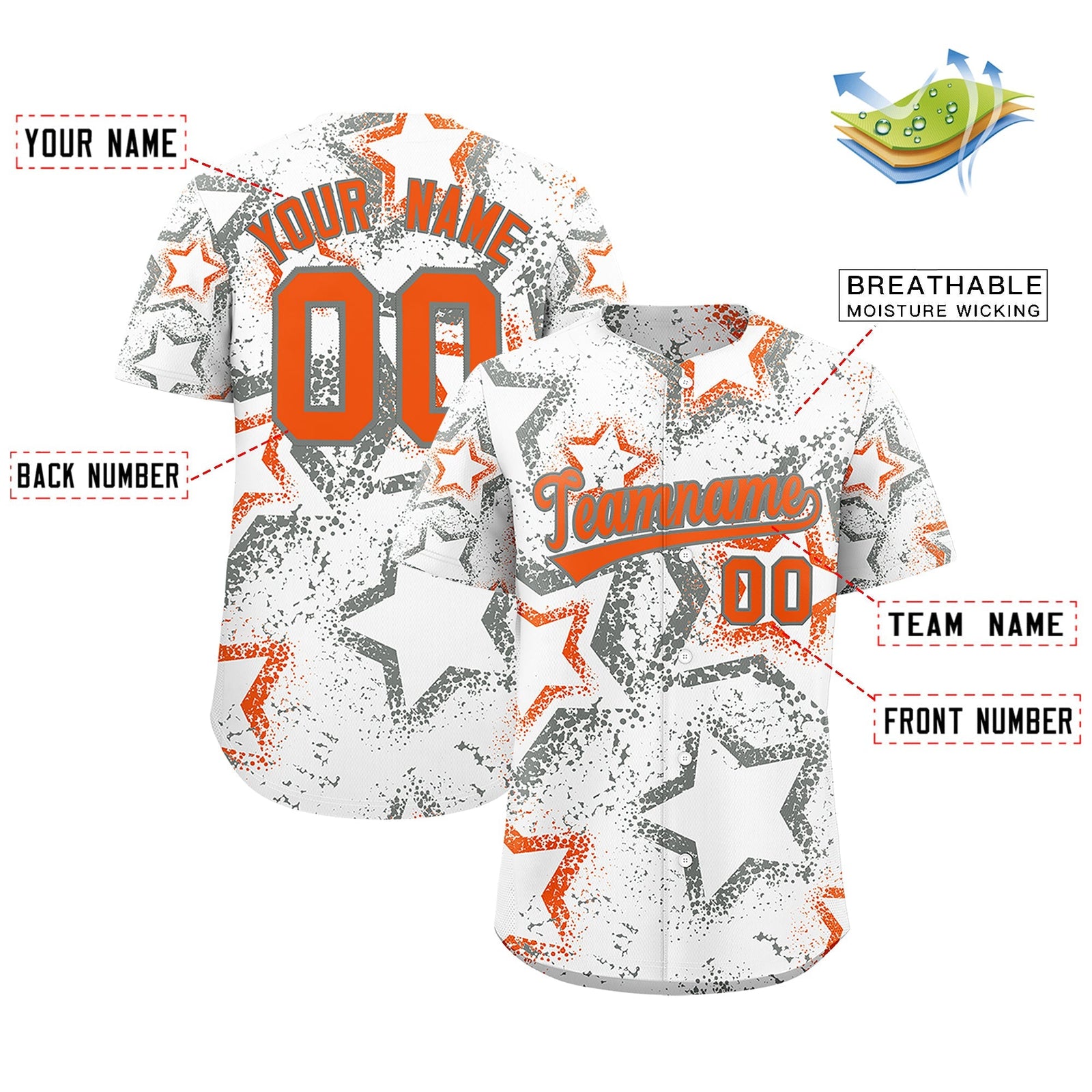 Custom White Orange Star-Shaped Ink Texture Graffiti Pattern Baseball Jersey | Sublimation Printed & Stitched,Add Name and Numbern,Perfect for Parties,Perfect for Training | KXKSHOP