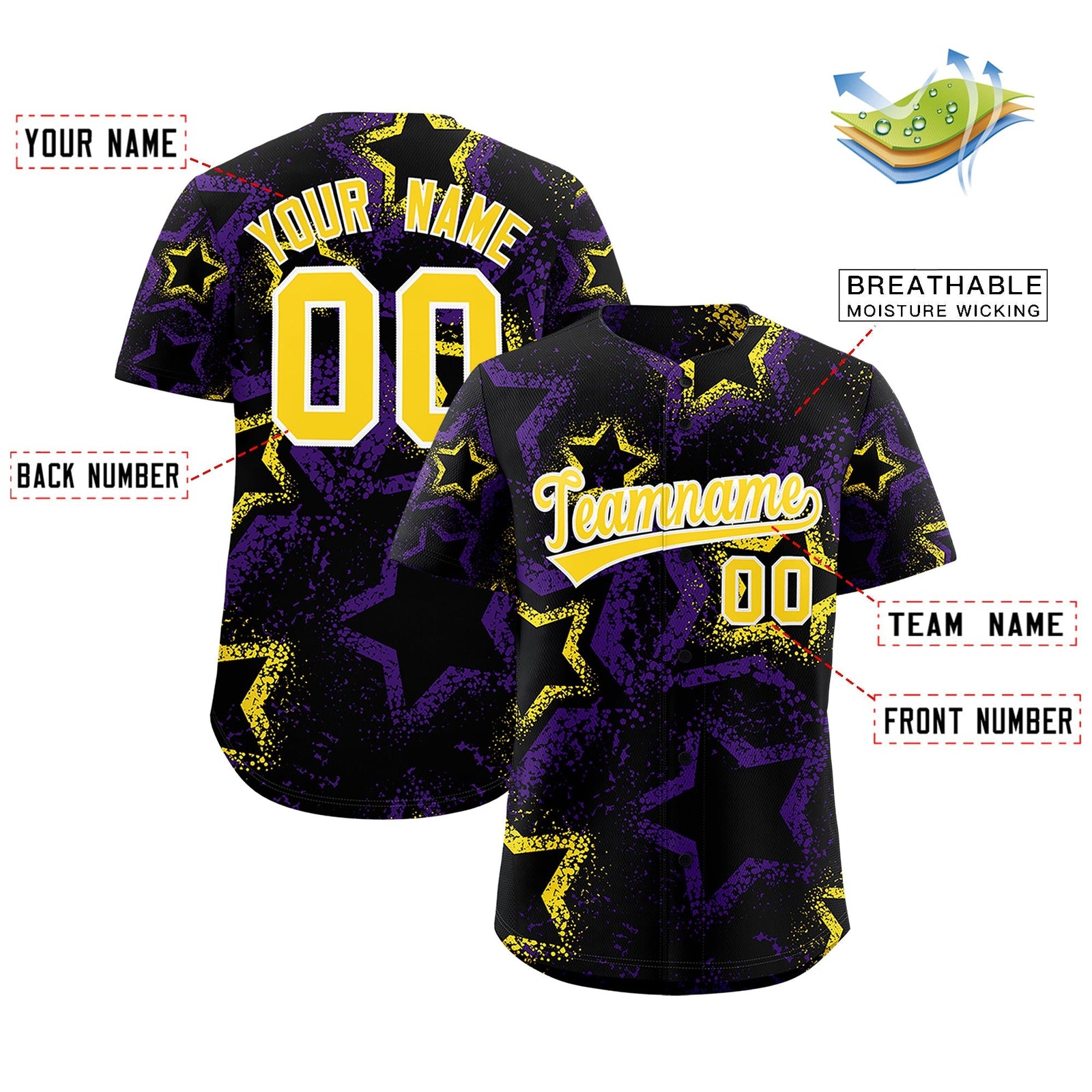 Custom Black Gold White Star-Shaped Ink Texture Graffiti Pattern Baseball Jersey | Sublimation Printed & Stitched,Add Name and Numbern,Perfect for Parties,Perfect for Training | KXKSHOP