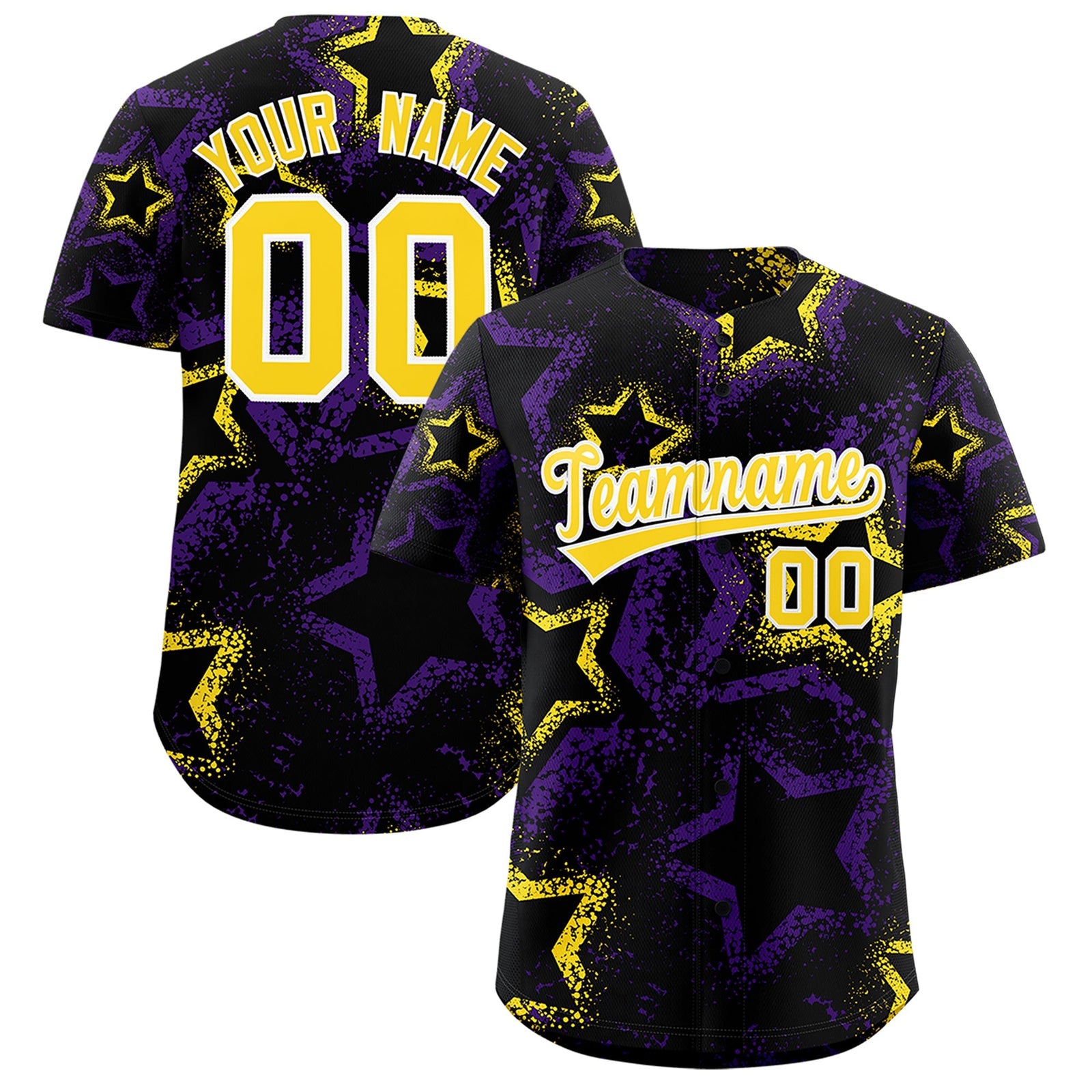 Custom Black Gold White Star-Shaped Ink Texture Graffiti Pattern Baseball Jersey | Sublimation Printed & Stitched,Add Name and Numbern,Perfect for Parties,Perfect for Training | KXKSHOP