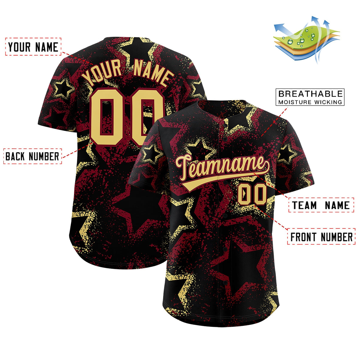 Custom Black Khaki Crimson Star-Shaped Ink Texture Graffiti Pattern Baseball Jersey | Sublimation Printed &amp; Stitched,Add Name and Numbern,Perfect for Parties,Perfect for Training | KXKSHOP