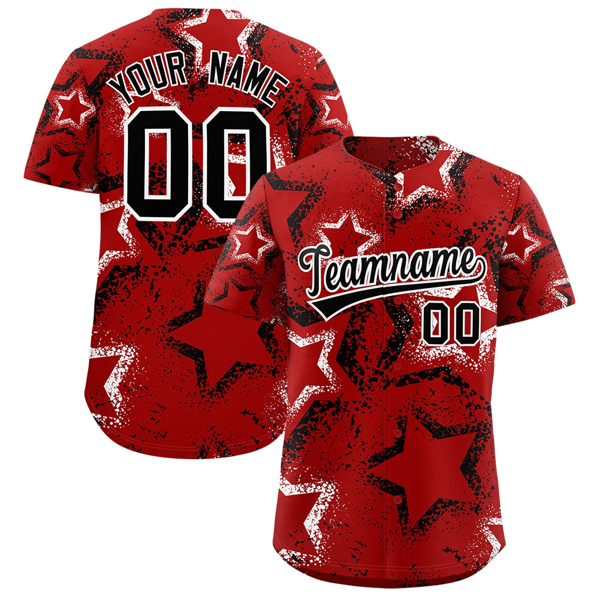 Custom Red White Black Star-Shaped Ink Texture Graffiti Pattern Baseball Jersey | Sublimation Printed & Stitched,Add Name and Numbern,Perfect for Parties,Perfect for Training | KXKSHOP