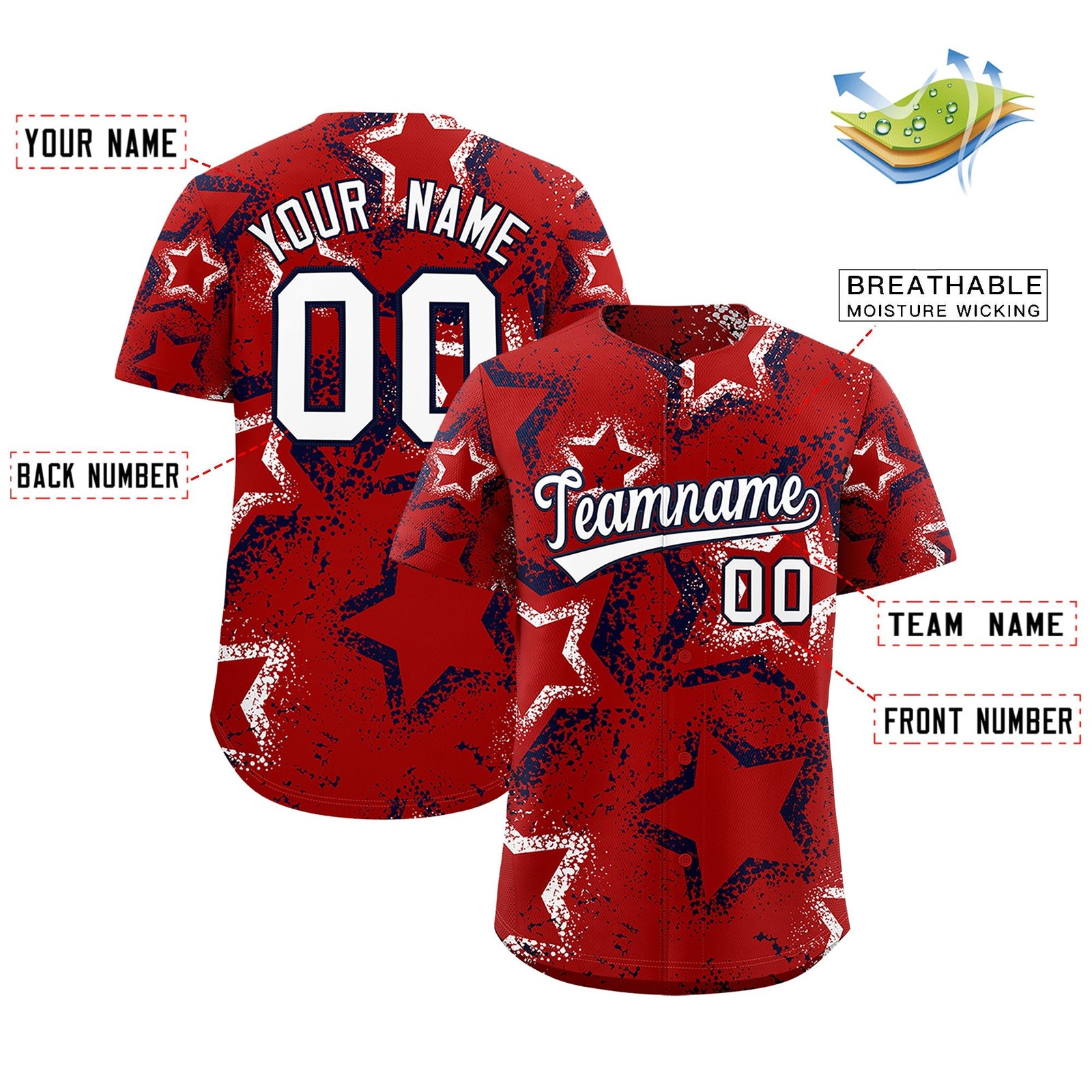 Custom Red White Navy Star-Shaped Ink Texture Graffiti Pattern Baseball Jersey | Sublimation Printed & Stitched,Add Name and Numbern,Perfect for Parties,Perfect for Training | KXKSHOP