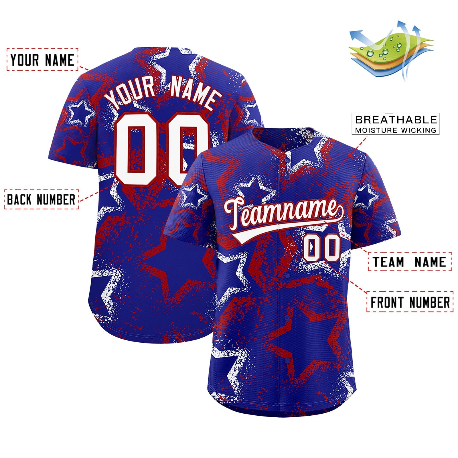 Custom Royal Blue White Red Star-Shaped Ink Texture Graffiti Pattern Baseball Jersey | Sublimation Printed & Stitched,Add Name and Numbern,Perfect for Parties,Perfect for Training | KXKSHOP