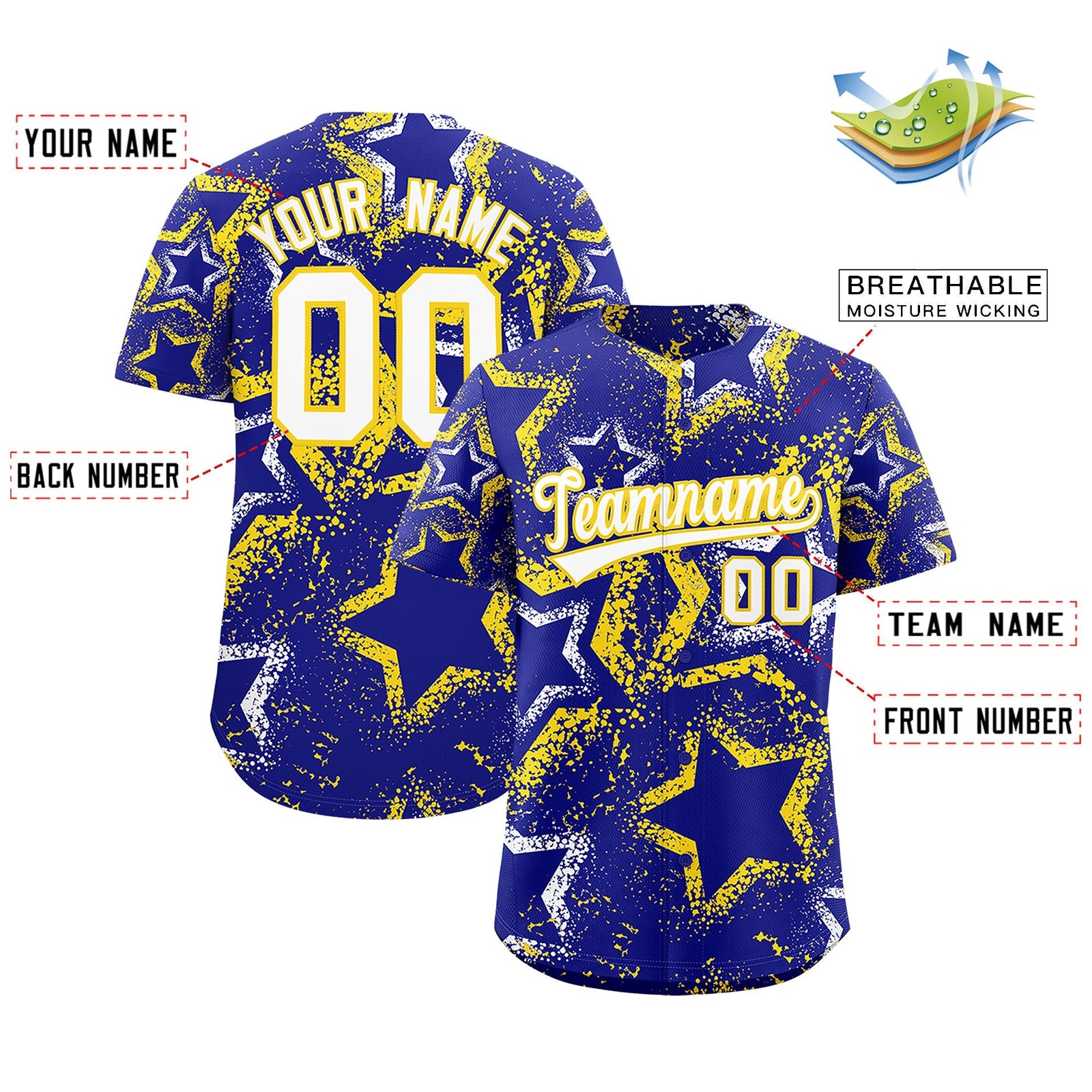 Custom Royal Blue White Gold Star-Shaped Ink Texture Graffiti Pattern Baseball Jersey | Sublimation Printed & Stitched,Add Name and Numbern,Perfect for Parties,Perfect for Training | KXKSHOP