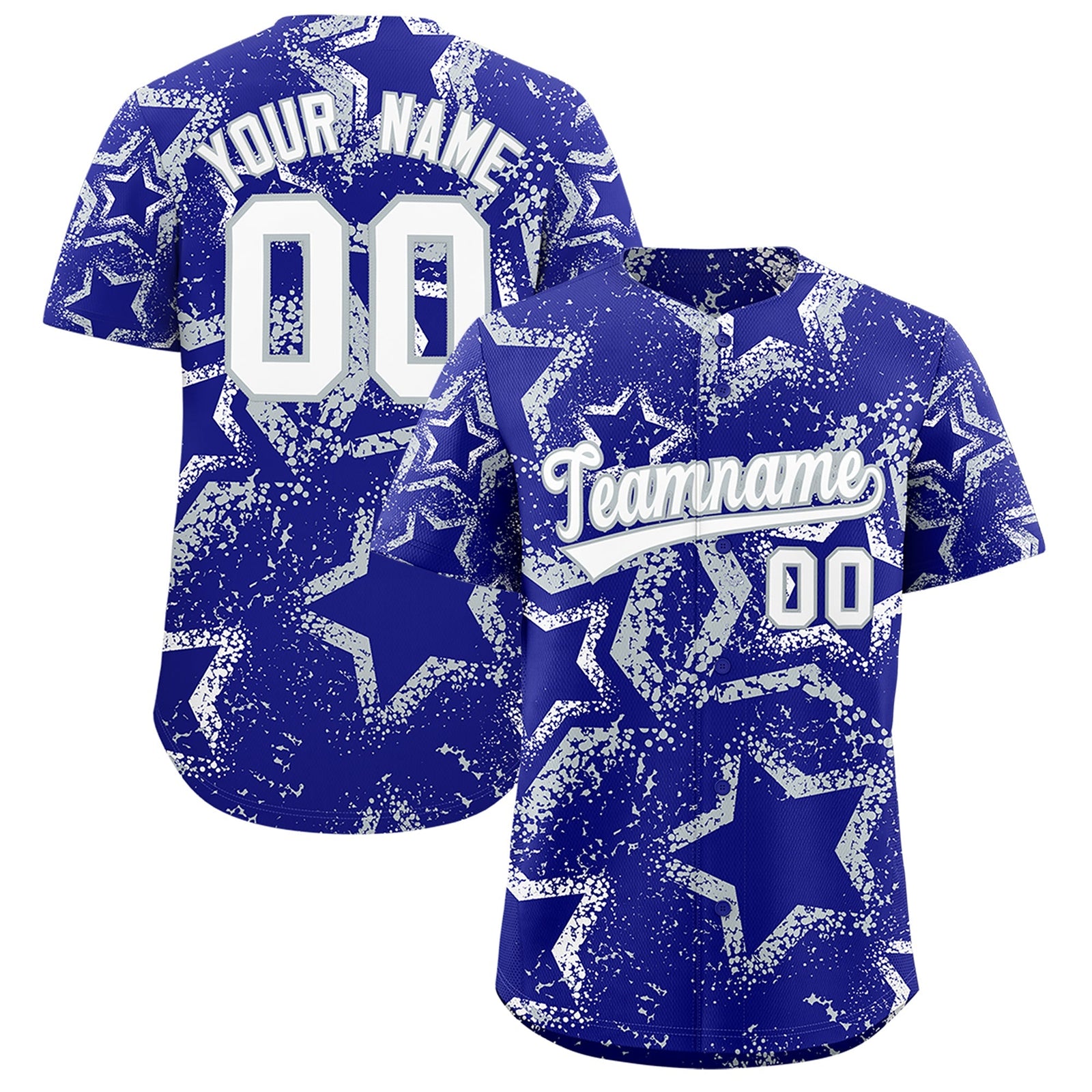 Custom Royal Blue White Silver Star-Shaped Ink Texture Graffiti Pattern Baseball Jersey | Sublimation Printed & Stitched,Add Name and Numbern,Perfect for Parties,Perfect for Training | KXKSHOP