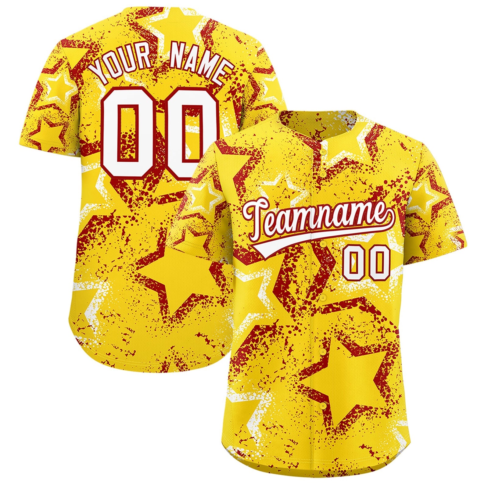 Custom Gold White Red Star-Shaped Ink Texture Graffiti Pattern Baseball Jersey | Sublimation Printed & Stitched,Add Name and Numbern,Perfect for Parties,Perfect for Training | KXKSHOP
