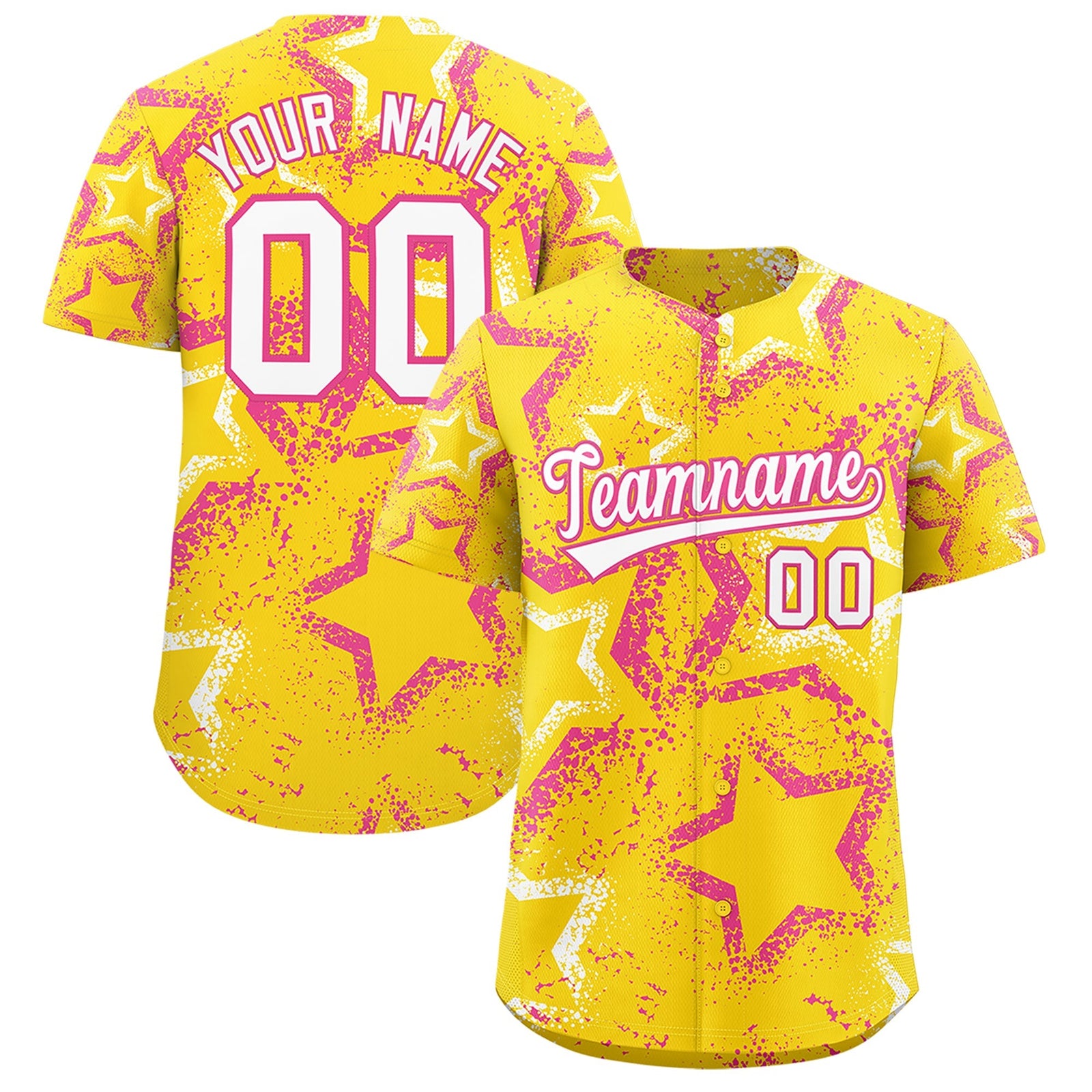 Custom Gold White Pink Star-Shaped Ink Texture Graffiti Pattern Baseball Jersey | Sublimation Printed & Stitched,Add Name and Numbern,Perfect for Parties,Perfect for Training | KXKSHOP