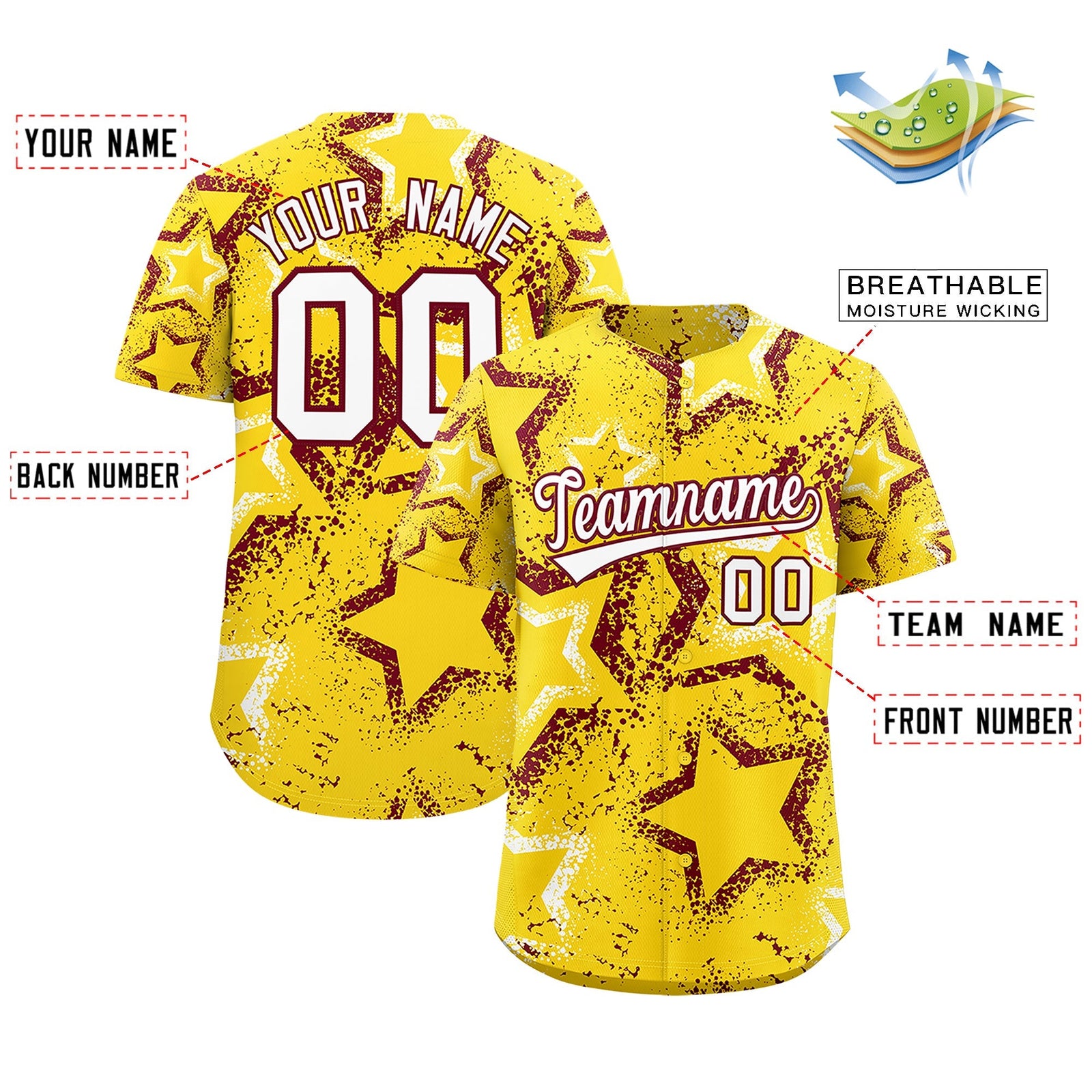 Custom Gold White Crimson Star-Shaped Ink Texture Graffiti Pattern Baseball Jersey | Sublimation Printed & Stitched,Add Name and Numbern,Perfect for Parties,Perfect for Training | KXKSHOP