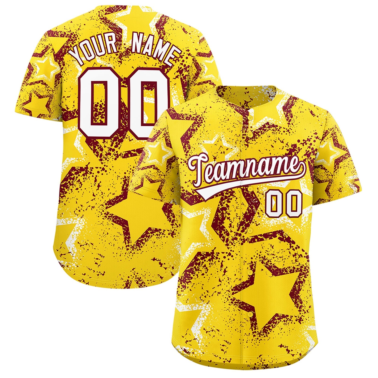 Custom Gold White Crimson Star-Shaped Ink Texture Graffiti Pattern Baseball Jersey | Sublimation Printed & Stitched,Add Name and Numbern,Perfect for Parties,Perfect for Training | KXKSHOP