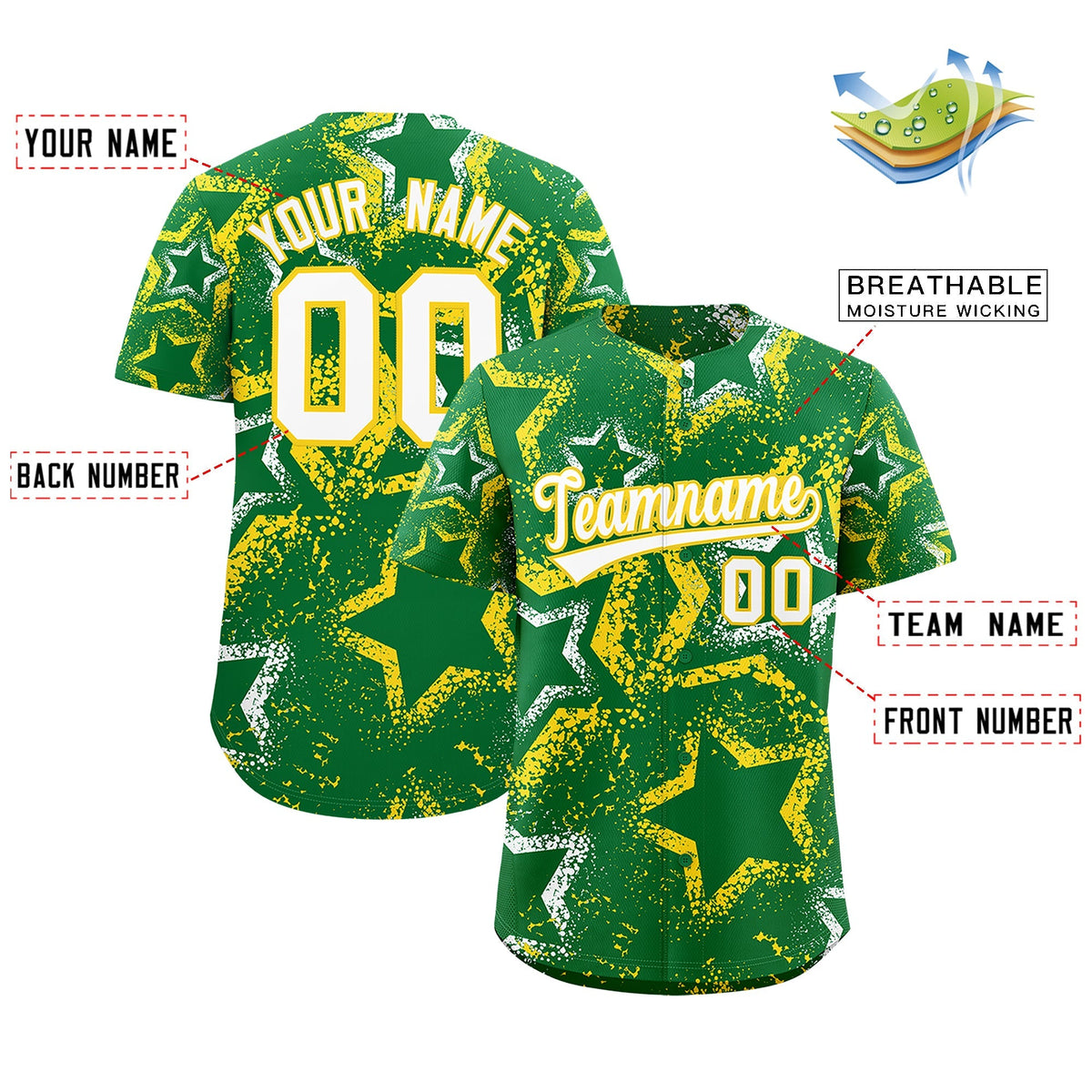 Custom Kelly Green White Gold Star-Shaped Ink Texture Graffiti Pattern Baseball Jersey | Sublimation Printed &amp; Stitched,Add Name and Numbern,Perfect for Parties,Perfect for Training | KXKSHOP