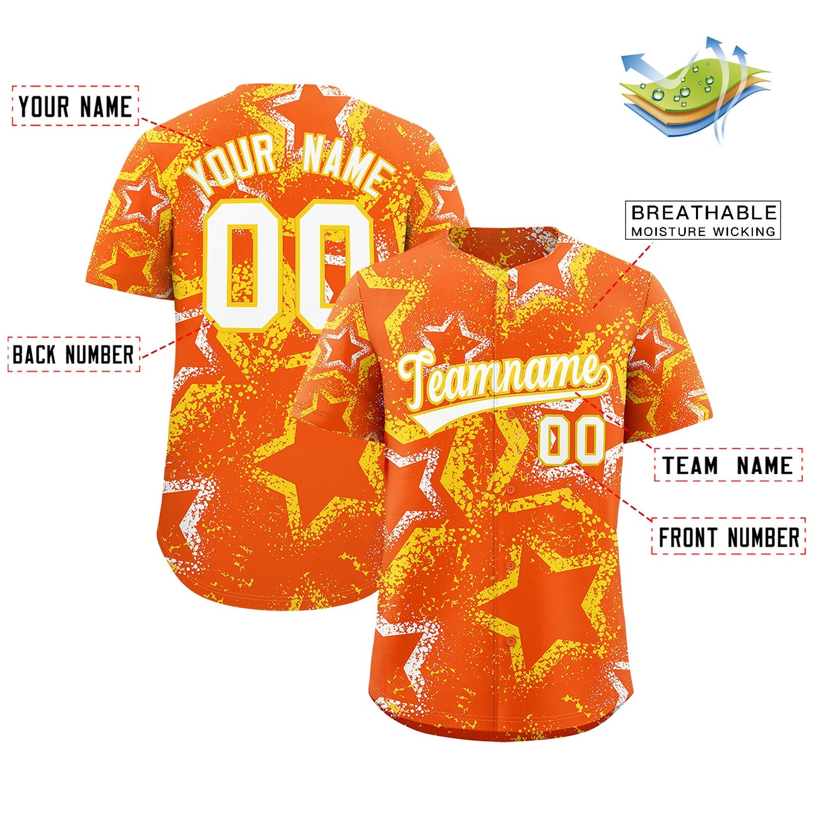 Custom Orange White Gold Star-Shaped Ink Texture Graffiti Pattern Baseball Jersey | Sublimation Printed & Stitched,Add Name and Numbern,Perfect for Parties,Perfect for Training | KXKSHOP