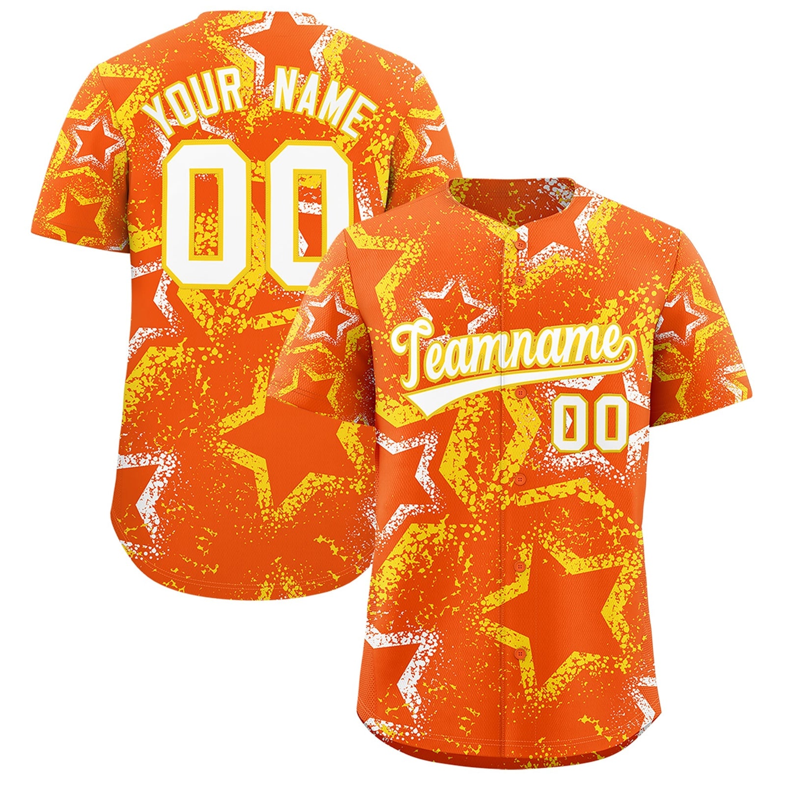 Custom Orange White Gold Star-Shaped Ink Texture Graffiti Pattern Baseball Jersey | Sublimation Printed & Stitched,Add Name and Numbern,Perfect for Parties,Perfect for Training | KXKSHOP