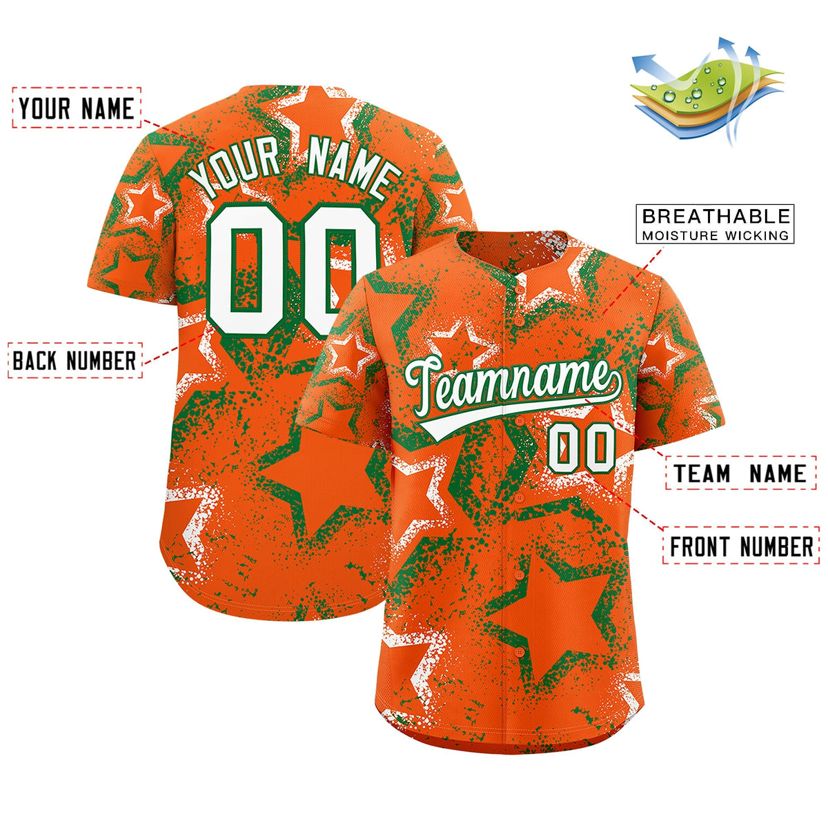 Custom Orange Kelly Green White Star-Shaped Ink Texture Graffiti Pattern Baseball Jersey | Sublimation Printed &amp; Stitched,Add Name and Numbern,Perfect for Parties,Perfect for Training | KXKSHOP