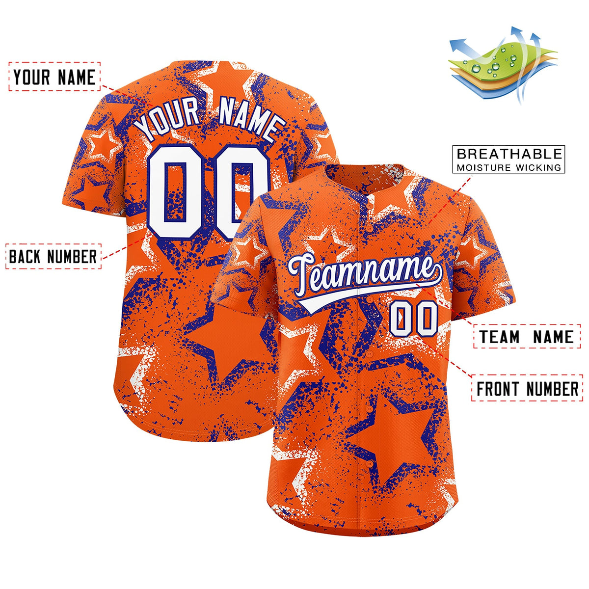 Custom Orange White Royal Blue Star-Shaped Ink Texture Graffiti Pattern Baseball Jersey | Sublimation Printed &amp; Stitched,Add Name and Numbern,Perfect for Parties,Perfect for Training | KXKSHOP