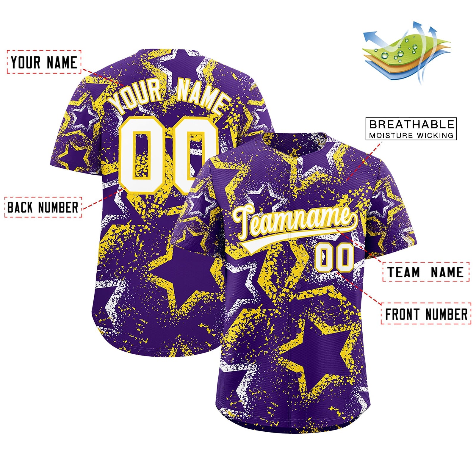 Custom Purple White Gold Star-Shaped Ink Texture Graffiti Pattern Baseball Jersey | Sublimation Printed & Stitched,Add Name and Numbern,Perfect for Parties,Perfect for Training | KXKSHOP