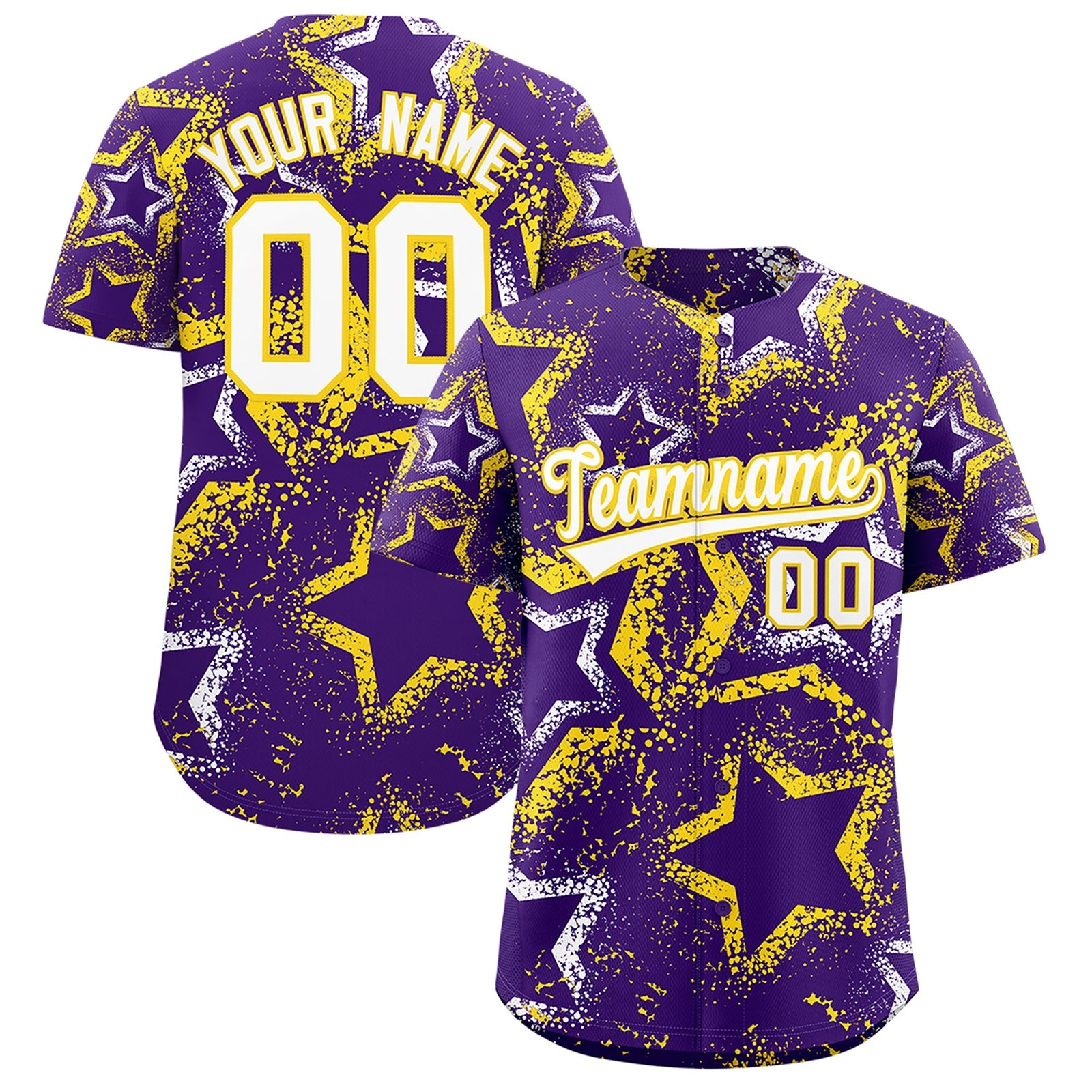 Custom Purple White Gold Star-Shaped Ink Texture Graffiti Pattern Baseball Jersey | Sublimation Printed & Stitched,Add Name and Numbern,Perfect for Parties,Perfect for Training | KXKSHOP