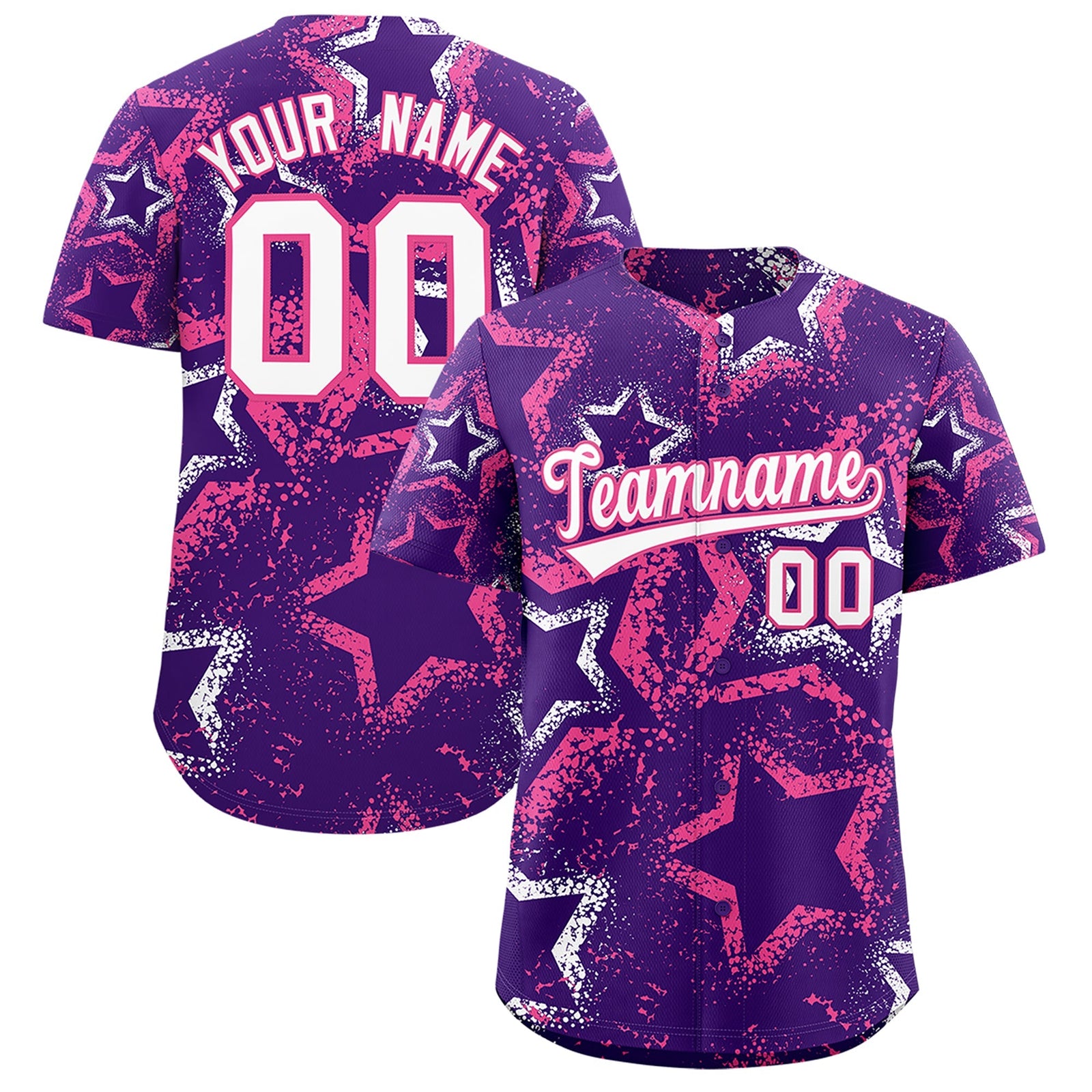 Custom Purple White Pink Star-Shaped Ink Texture Graffiti Pattern Baseball Jersey | Sublimation Printed & Stitched,Add Name and Numbern,Perfect for Parties,Perfect for Training | KXKSHOP