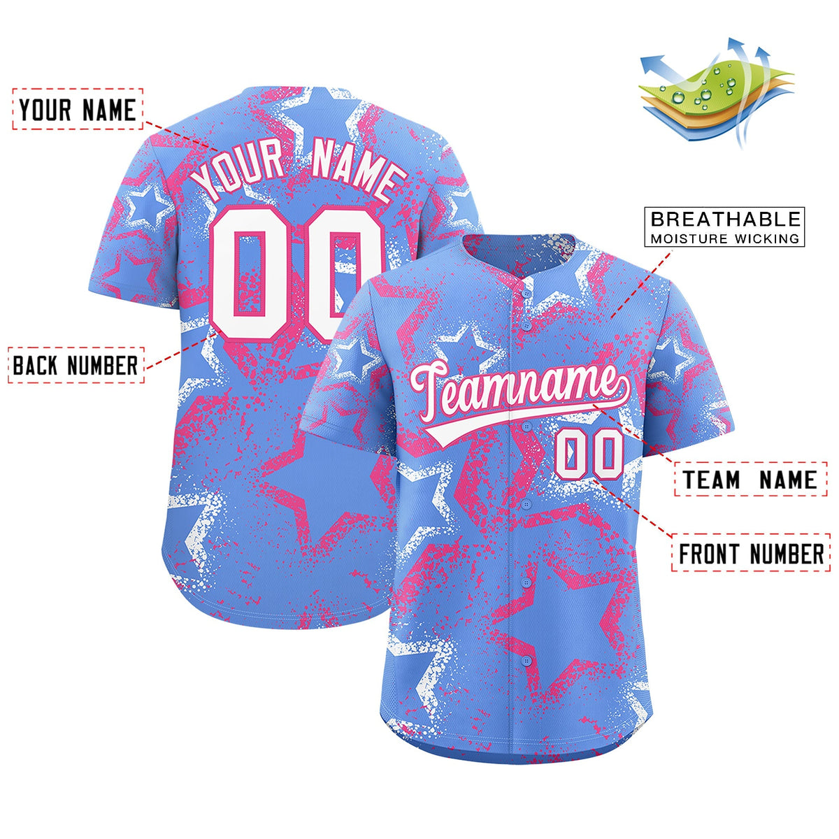 Custom Light Blue White Pink Star-Shaped Ink Texture Graffiti Pattern Baseball Jersey | Sublimation Printed &amp; Stitched,Add Name and Numbern,Perfect for Parties,Perfect for Training | KXKSHOP