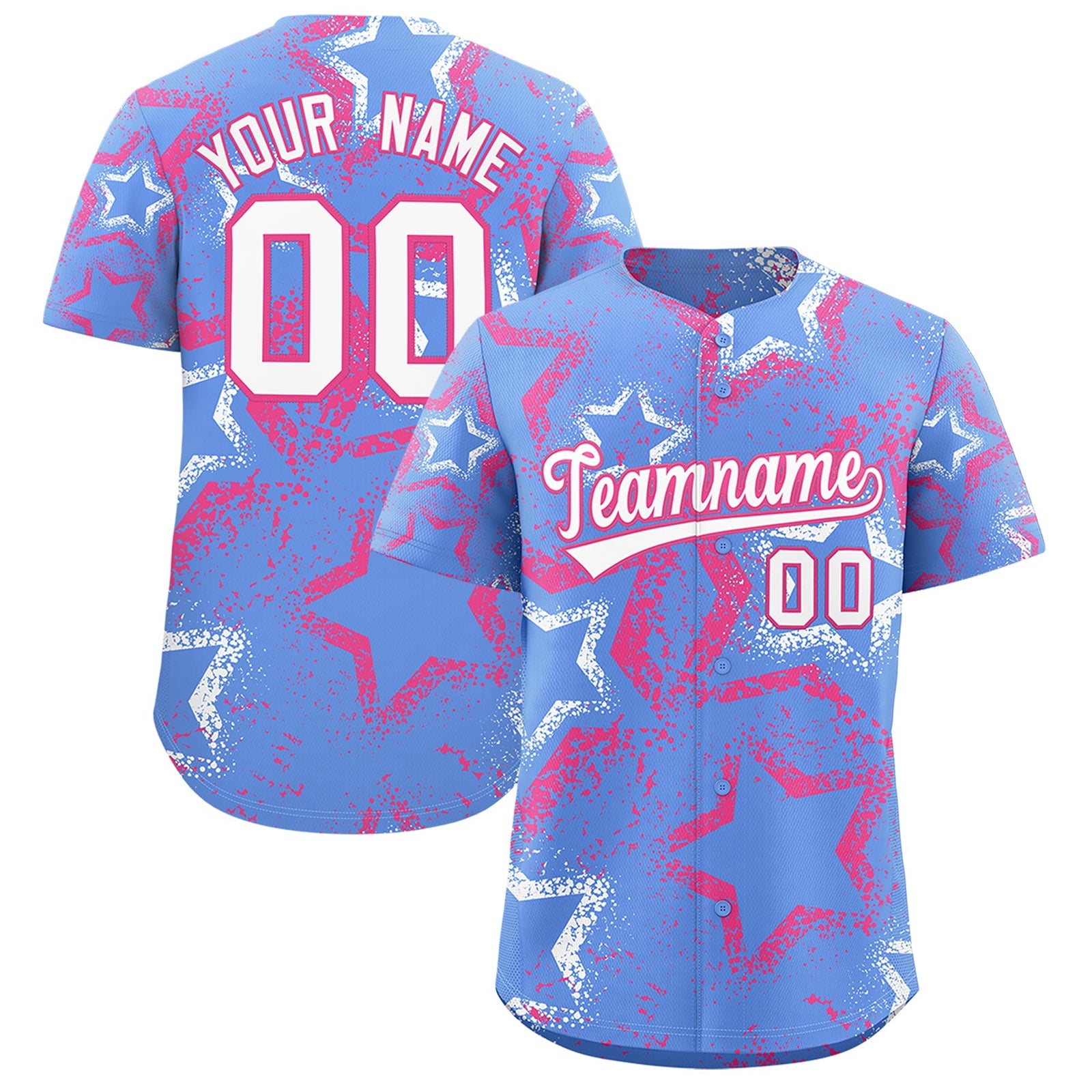 Custom Light Blue White Pink Star-Shaped Ink Texture Graffiti Pattern Baseball Jersey | Sublimation Printed & Stitched,Add Name and Numbern,Perfect for Parties,Perfect for Training | KXKSHOP