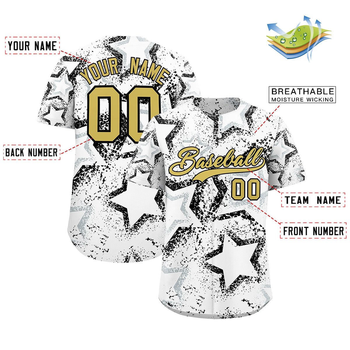 Custom White Silver Old Gold Star-Shaped Ink Texture Graffiti Pattern Baseball Jersey | Sublimation Printed & Stitched,Add Name and Numbern,Perfect for Parties,Perfect for Training | KXKSHOP