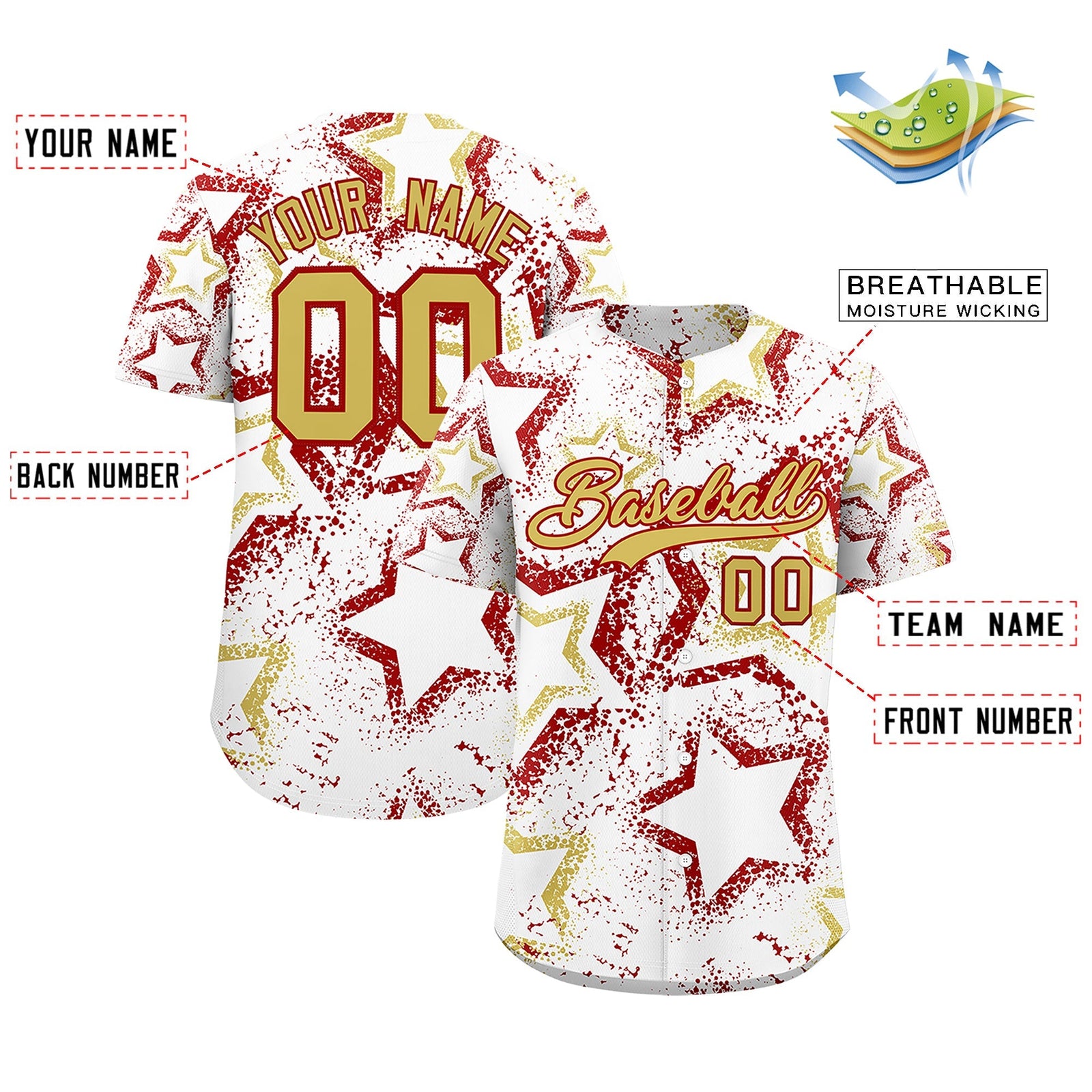 Custom White Old Gold Red Star-Shaped Ink Texture Graffiti Pattern Baseball Jersey | Sublimation Printed & Stitched,Add Name and Numbern,Perfect for Parties,Perfect for Training | KXKSHOP