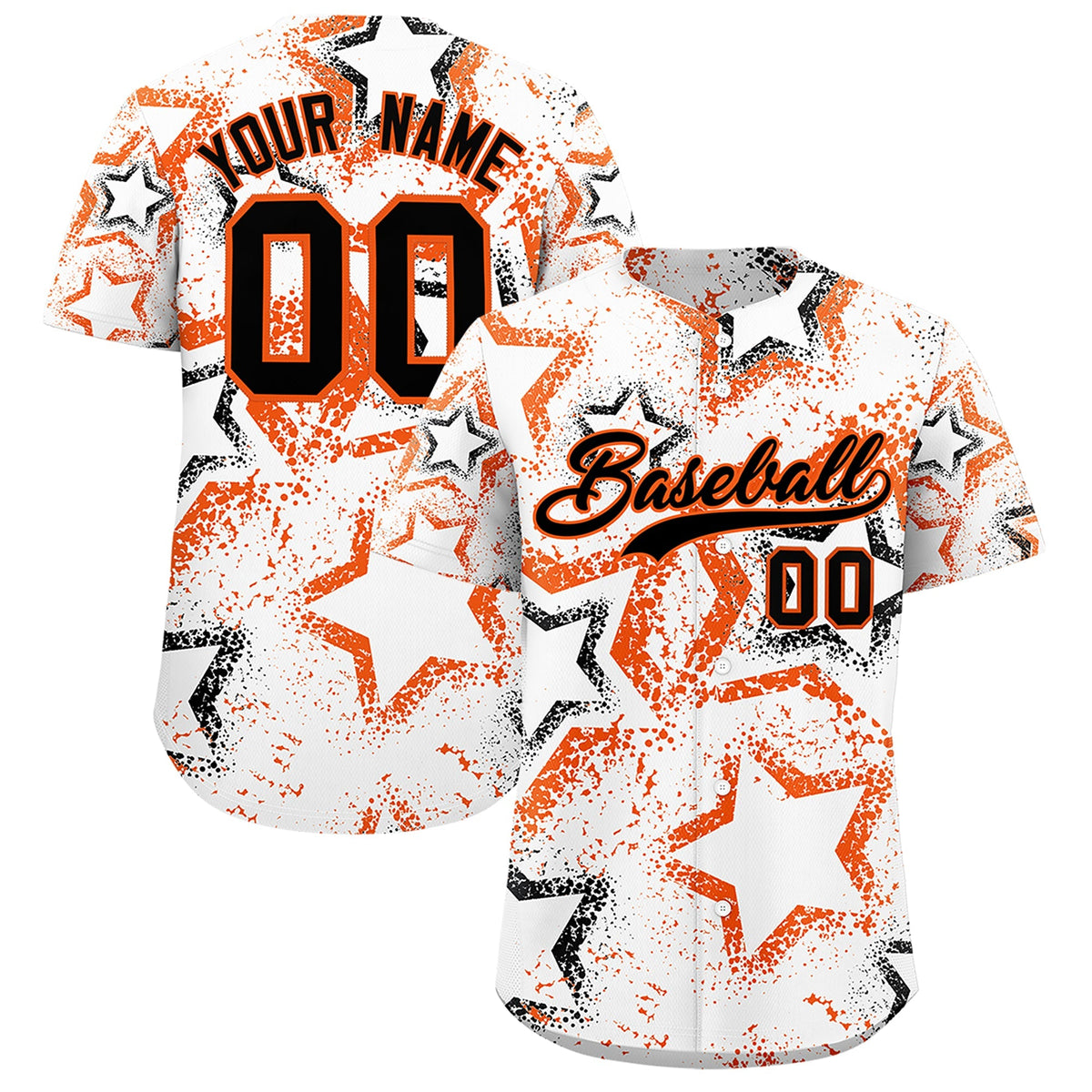 Custom White Orange Black Star-Shaped Ink Texture Graffiti Pattern Baseball Jersey | Sublimation Printed &amp; Stitched,Add Name and Numbern,Perfect for Parties,Perfect for Training | KXKSHOP