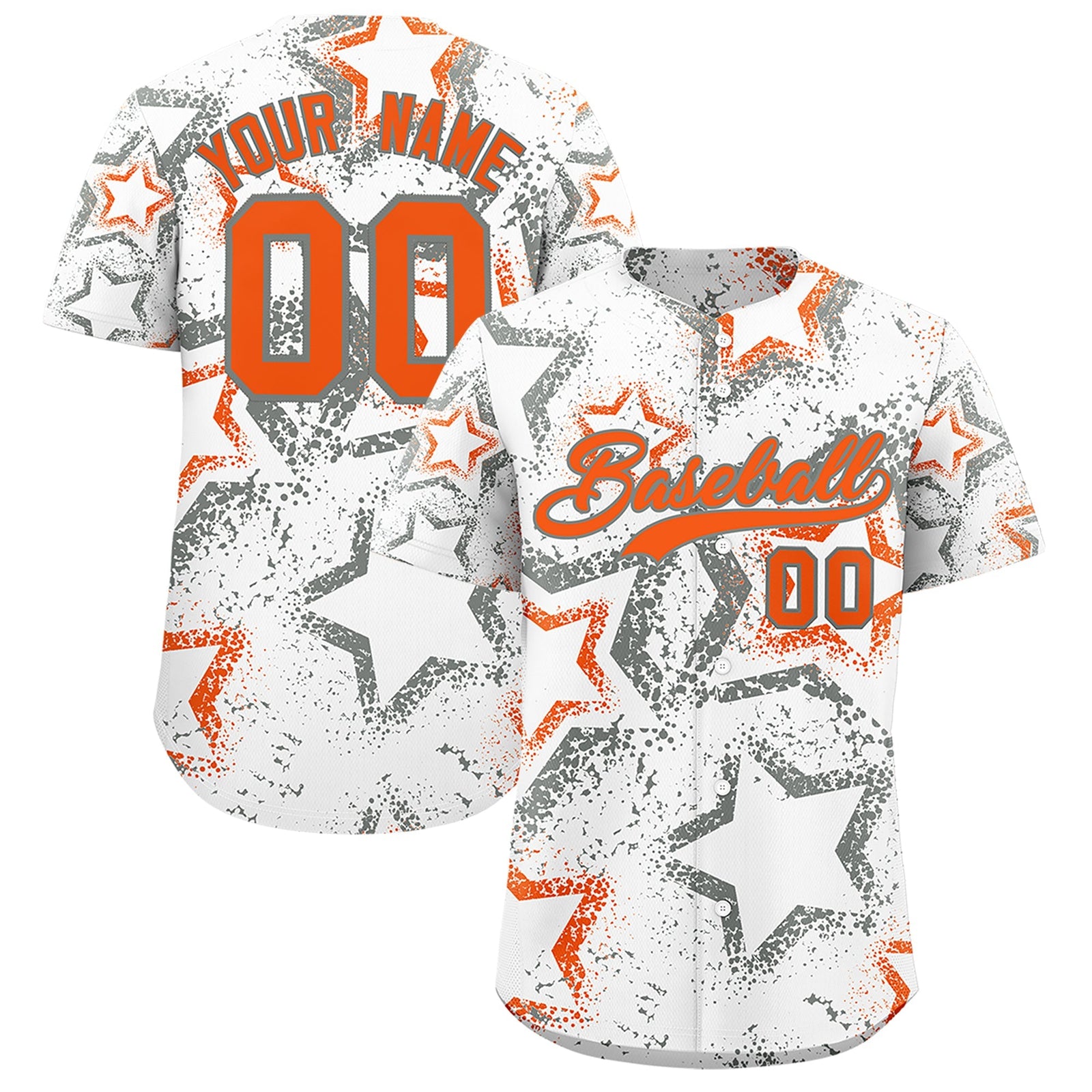 Custom White Orange Star-Shaped Ink Texture Graffiti Pattern Baseball Jersey | Sublimation Printed & Stitched,Add Name and Numbern,Perfect for Parties,Perfect for Training | KXKSHOP
