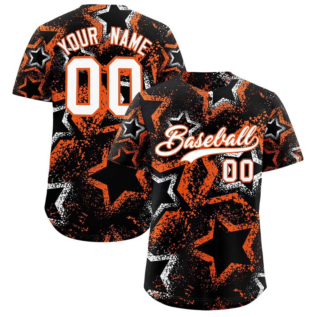 Custom Black White Orange Star-Shaped Ink Texture Graffiti Pattern Baseball Jersey | Sublimation Printed &amp; Stitched,Add Name and Numbern,Perfect for Parties,Perfect for Training | KXKSHOP