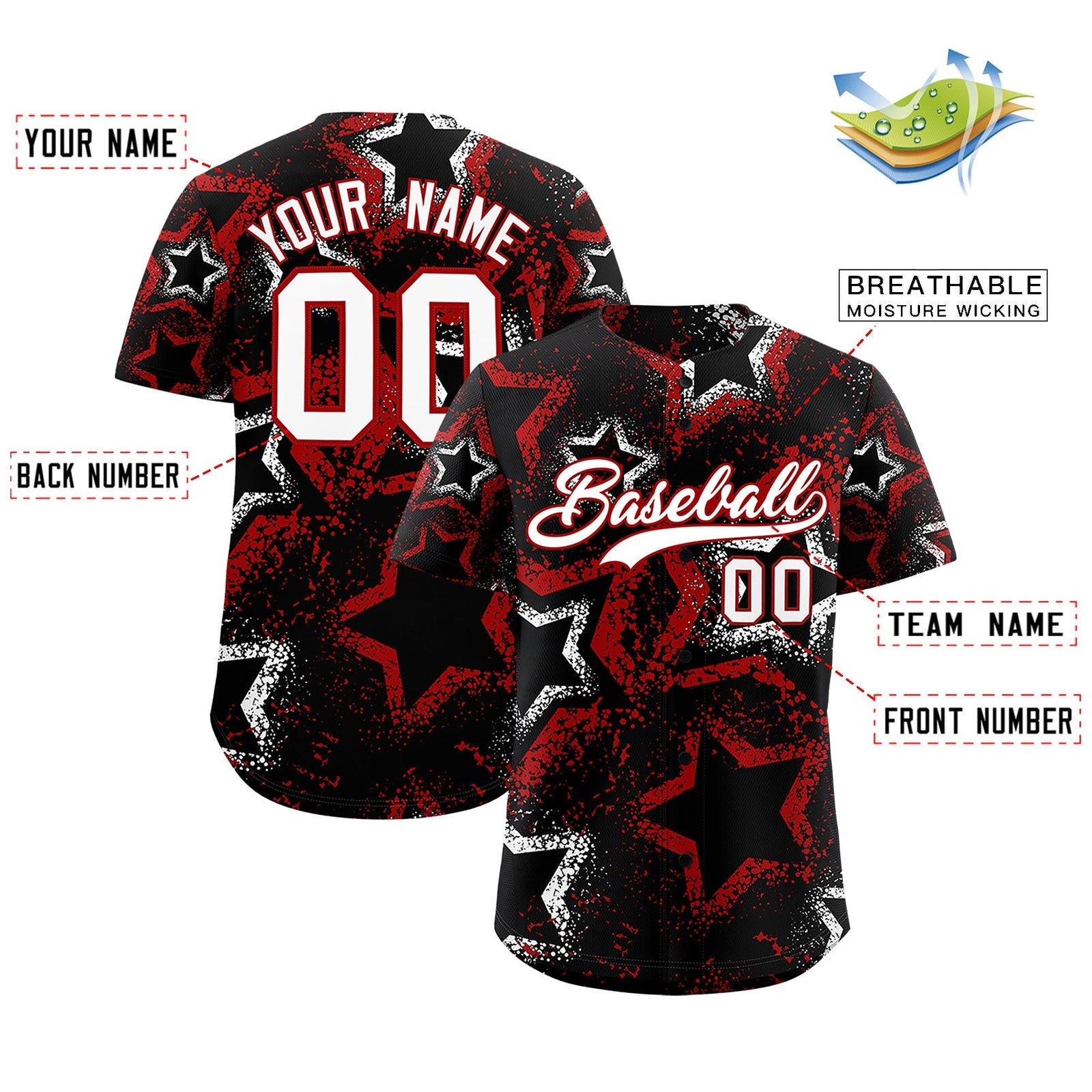 Custom Black White Red Star-Shaped Ink Texture Graffiti Pattern Baseball Jersey | Sublimation Printed & Stitched,Add Name and Numbern,Perfect for Parties,Perfect for Training | KXKSHOP