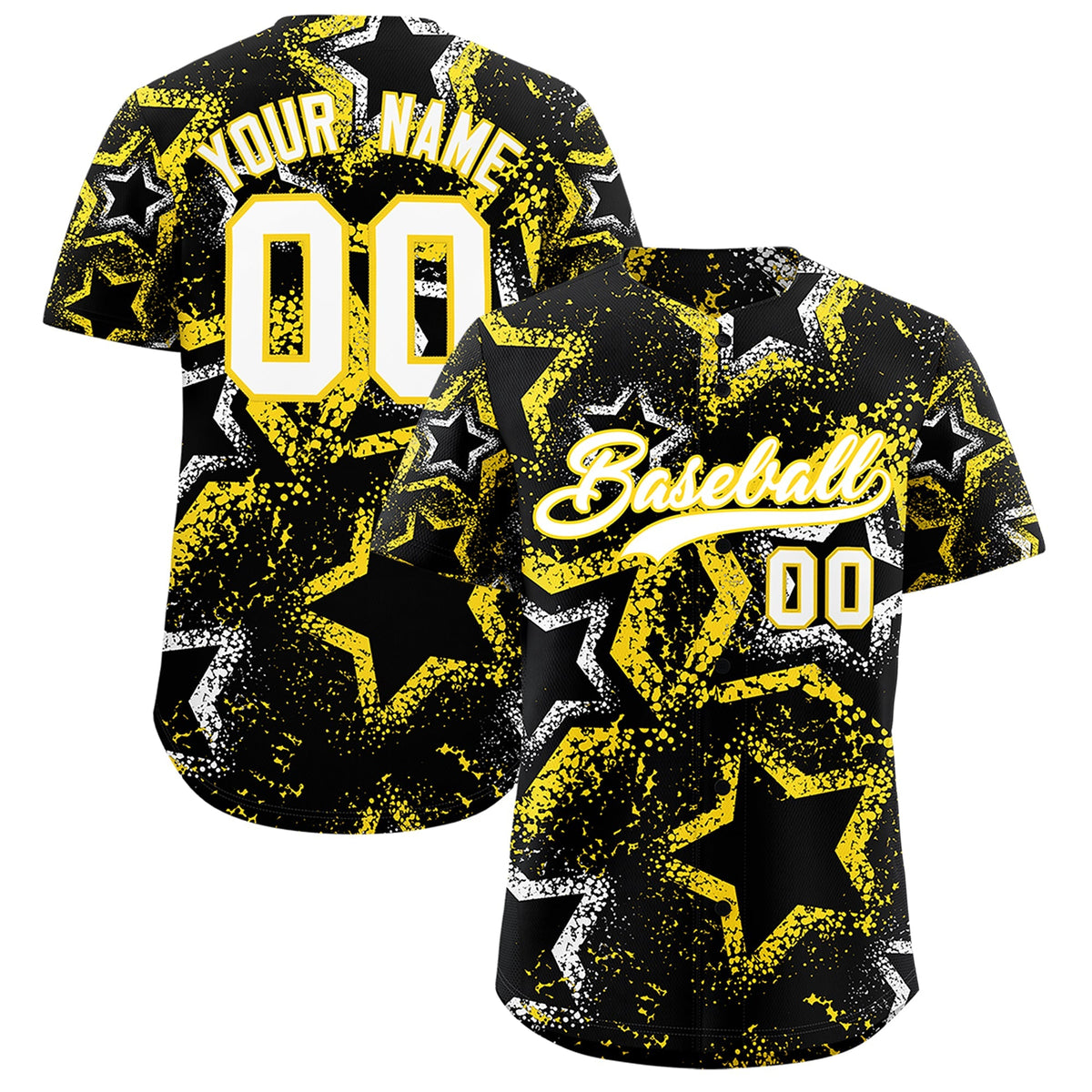 Custom Black White Gold Star-Shaped Ink Texture Graffiti Pattern Baseball Jersey | Sublimation Printed &amp; Stitched,Add Name and Numbern,Perfect for Parties,Perfect for Training | KXKSHOP